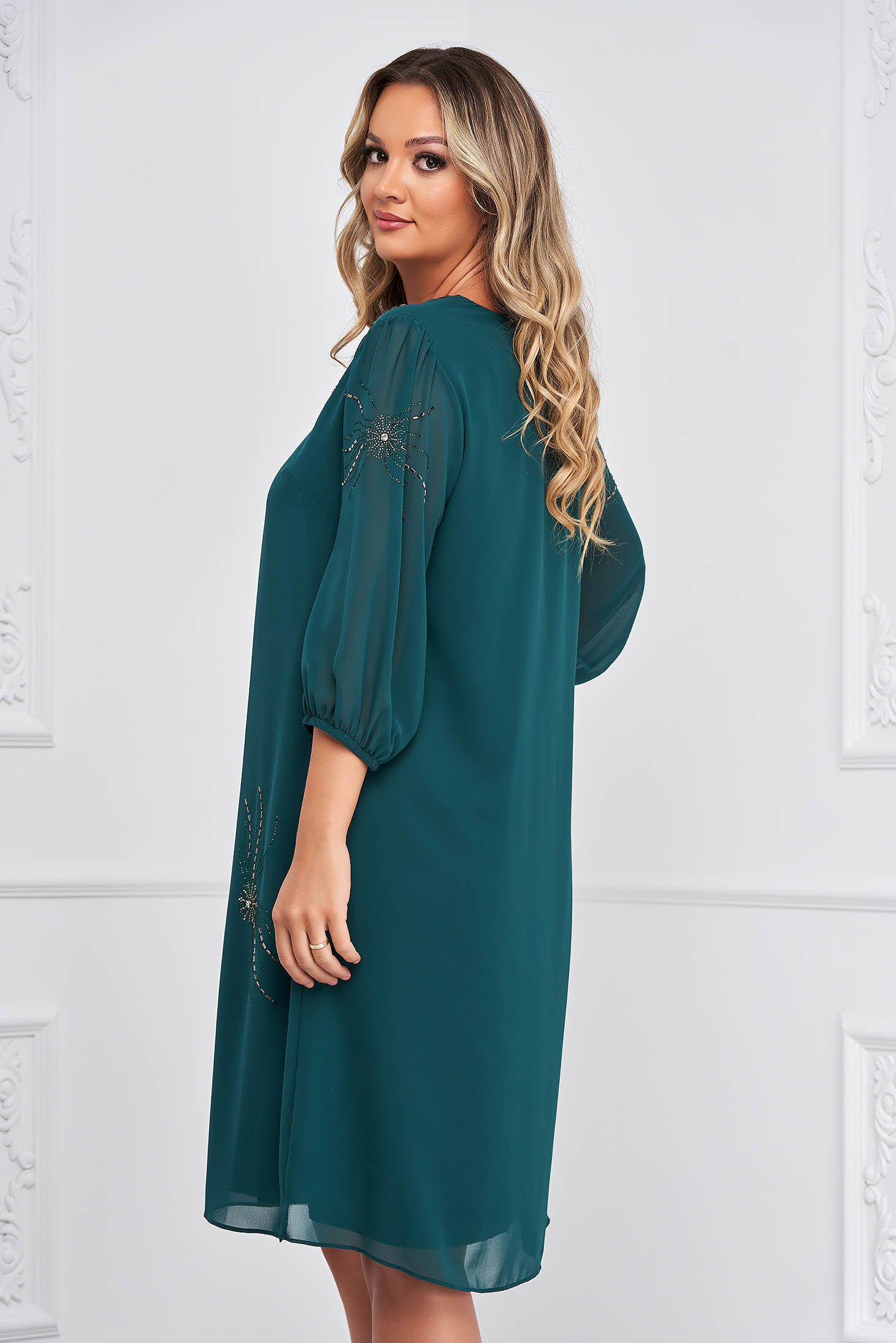 Darkgreen Dress From Veil Fabric Loose Fit Strass Midi