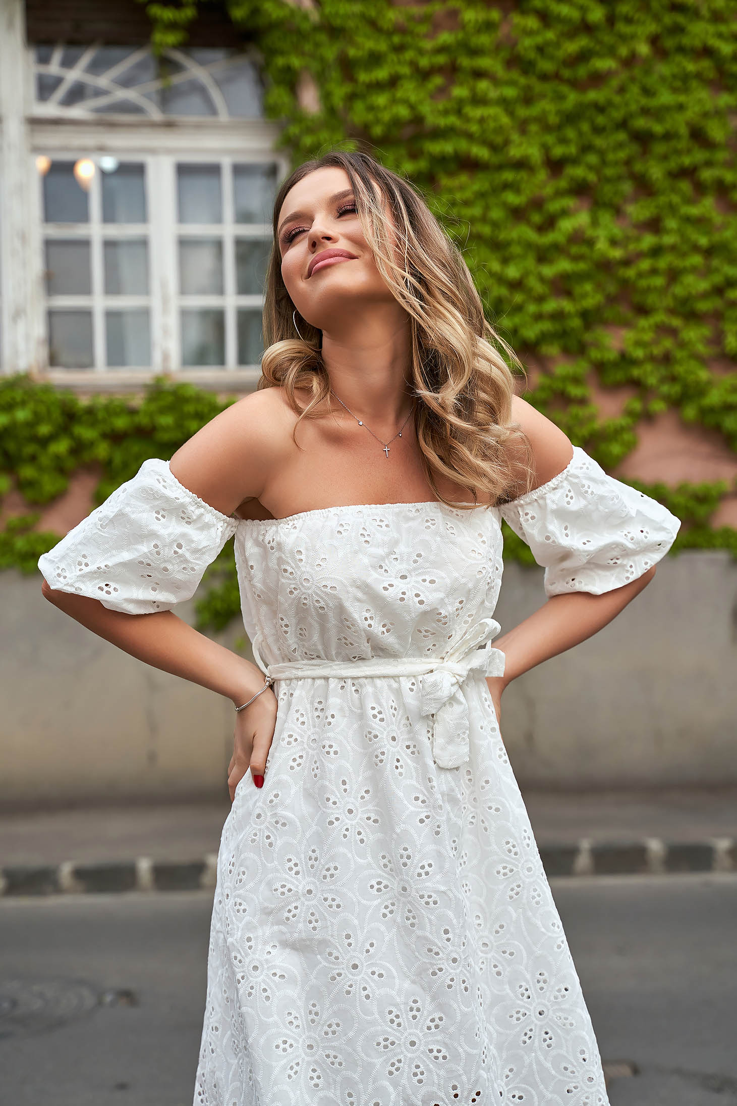 Lace White Midi Dress with Elastic Waist and Bare Shoulders - SunShine 6 - StarShinerS.com