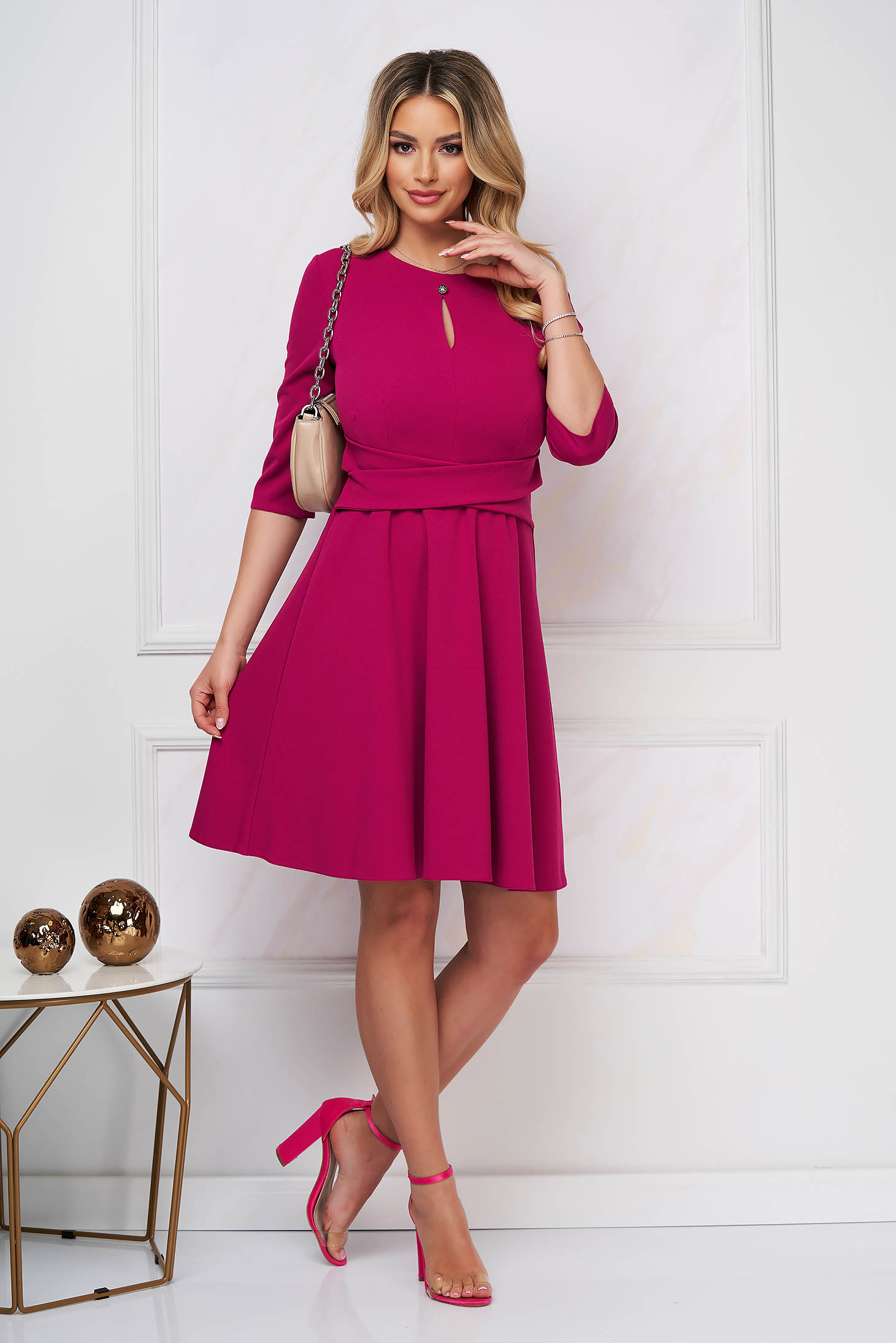 Raspberry dress short cut cloche crepe with rounded cleavage