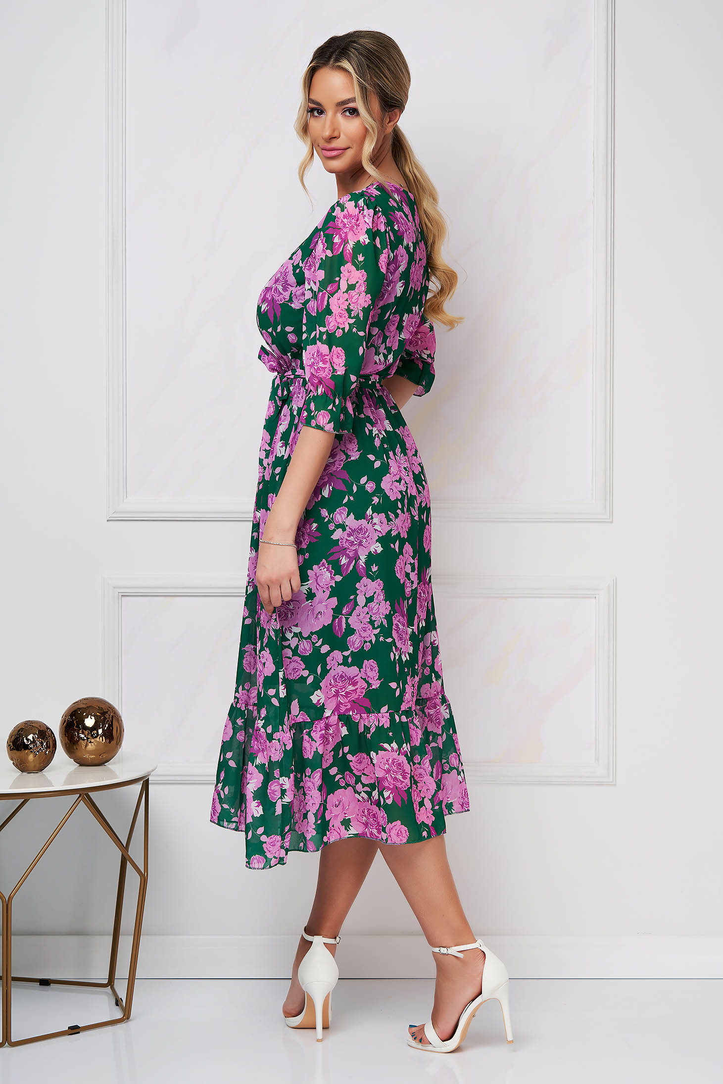 Rochie din voal midi in clos cu elastic in talie cu imprimeu floral - SunShine 2 - StarShinerS.ro