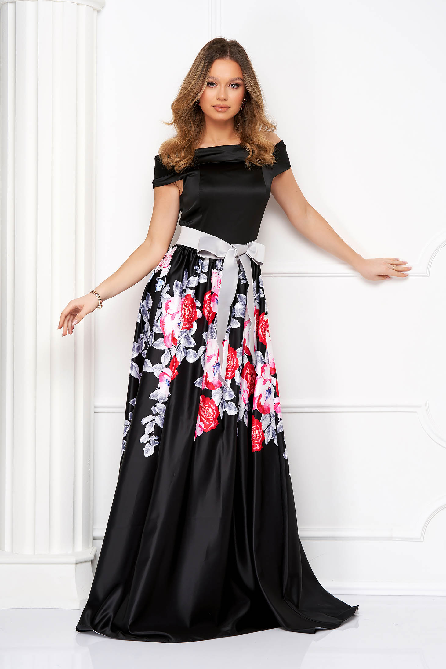 Long taffeta dress in flared style with floral print - Artista 3 - StarShinerS.com