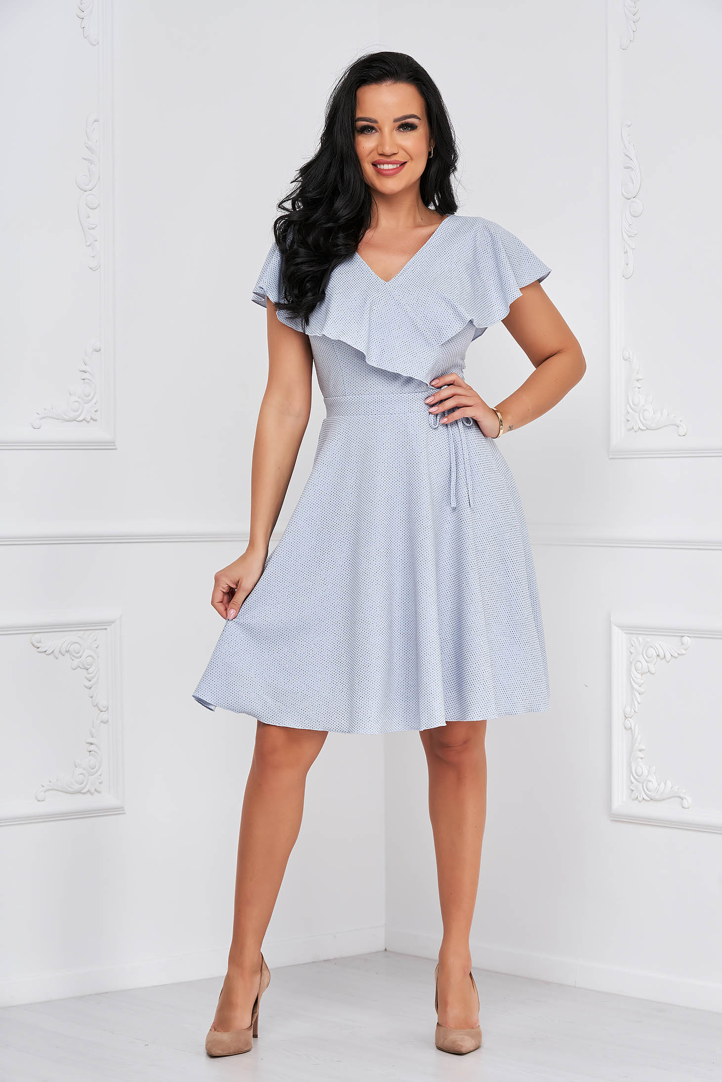 Light Blue Crepe Knee-Length A-Line Dress with Glitter Applications - StarShinerS 3 - StarShinerS.com