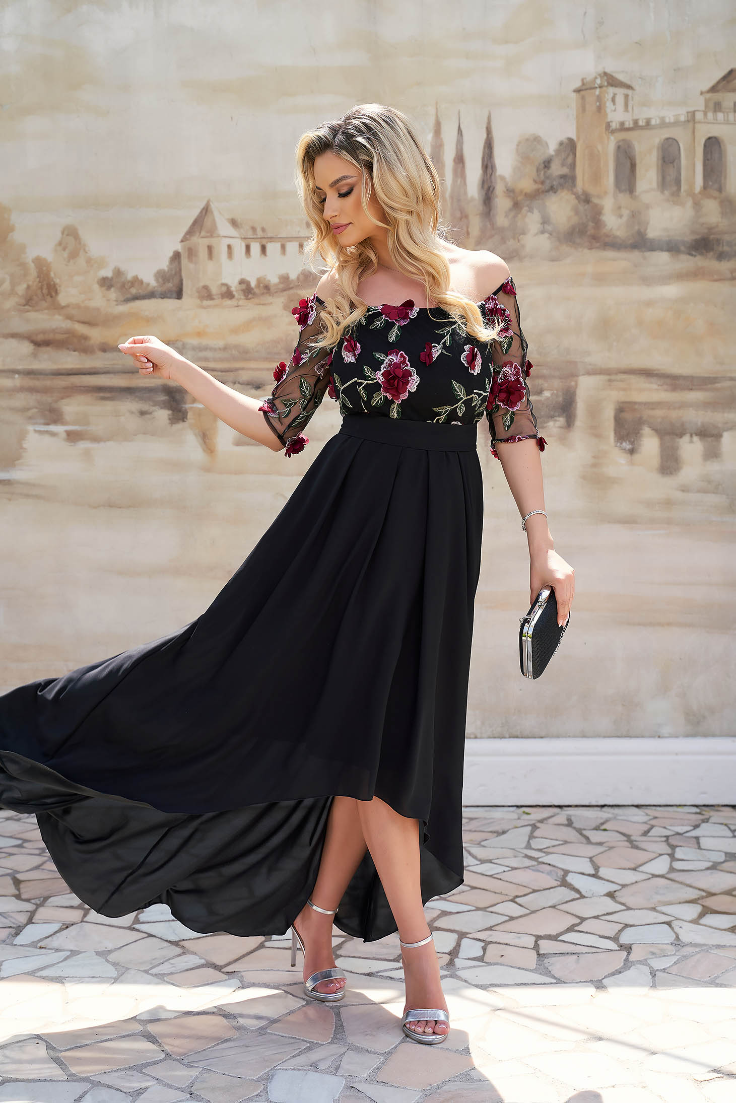 Asymmetric Chiffon and Lace Dress with Embossed Flowers - StarShinerS 2 - StarShinerS.com