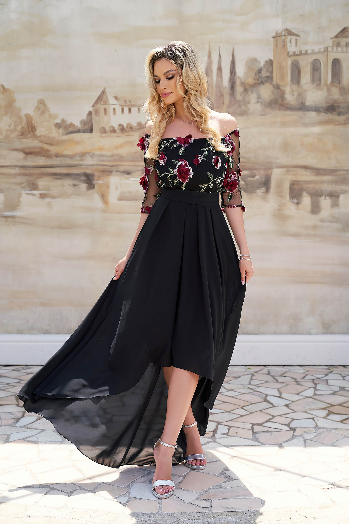 Asymmetric Chiffon and Lace Dress with Embossed Flowers - StarShinerS 3 - StarShinerS.com