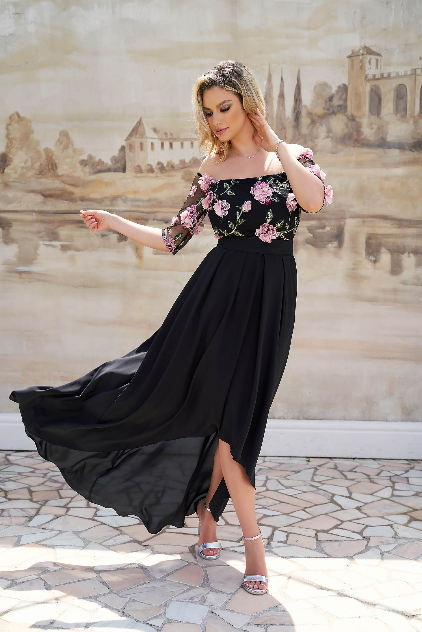 Asymmetric Chiffon and Lace Dress with Raised Flowers - StarShinerS 2 - StarShinerS.com