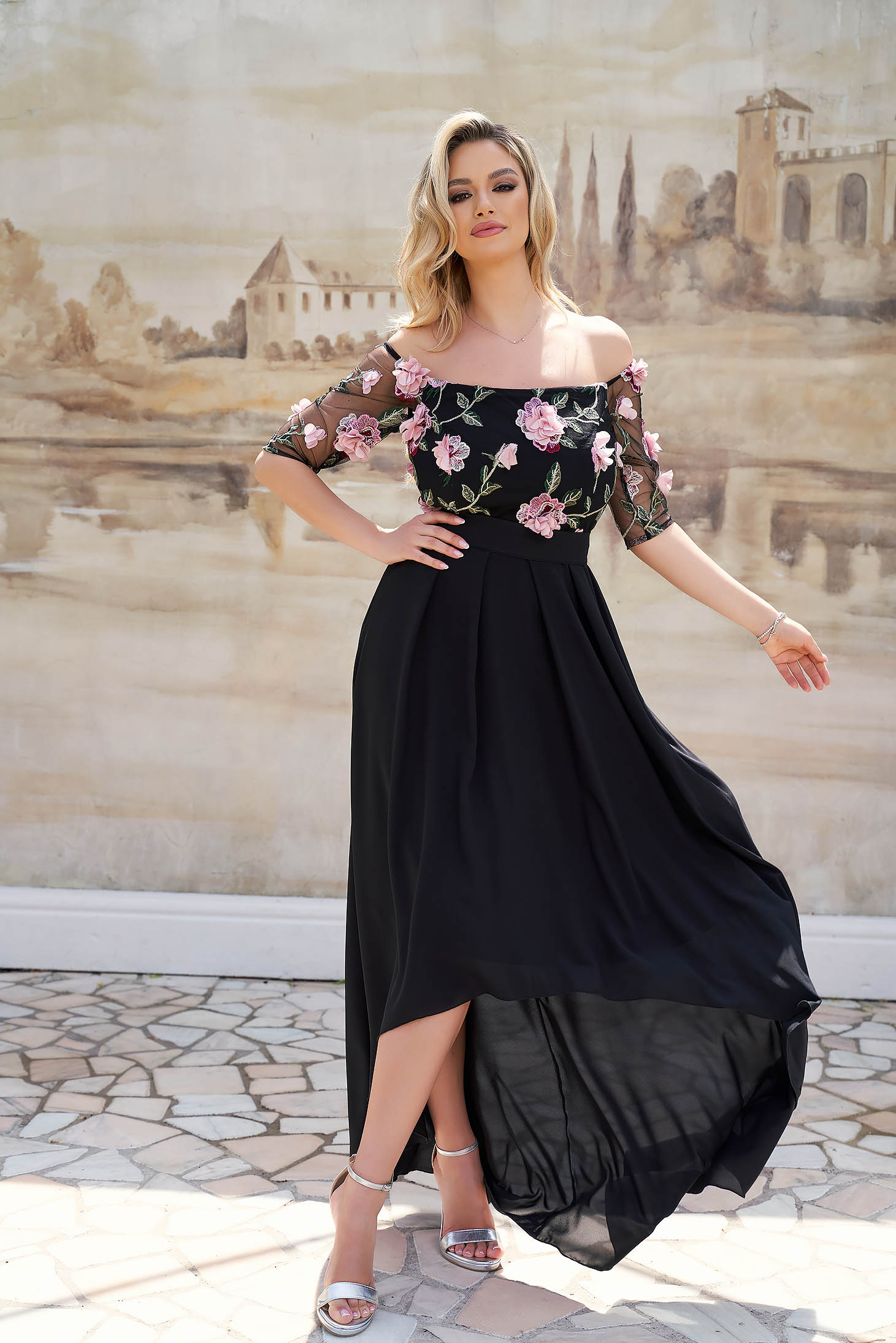 Asymmetric Chiffon and Lace Dress with Raised Flowers - StarShinerS 3 - StarShinerS.com