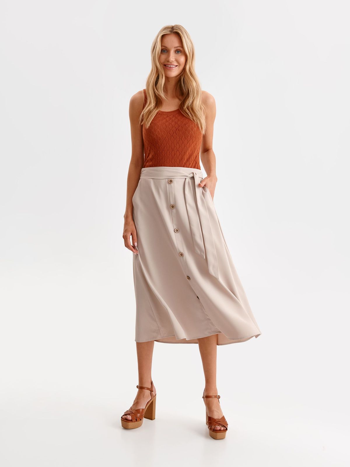 Cream skirt thin fabric midi cloche with elastic waist lateral pockets 3 - StarShinerS.com