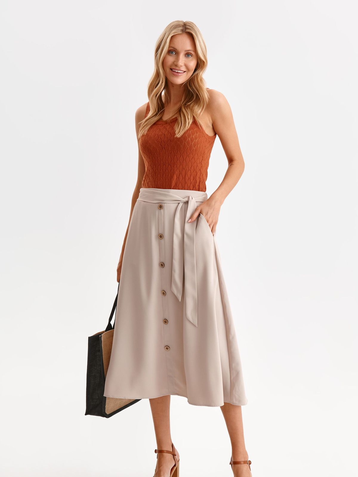 Cream skirt thin fabric midi cloche with elastic waist lateral pockets 4 - StarShinerS.com