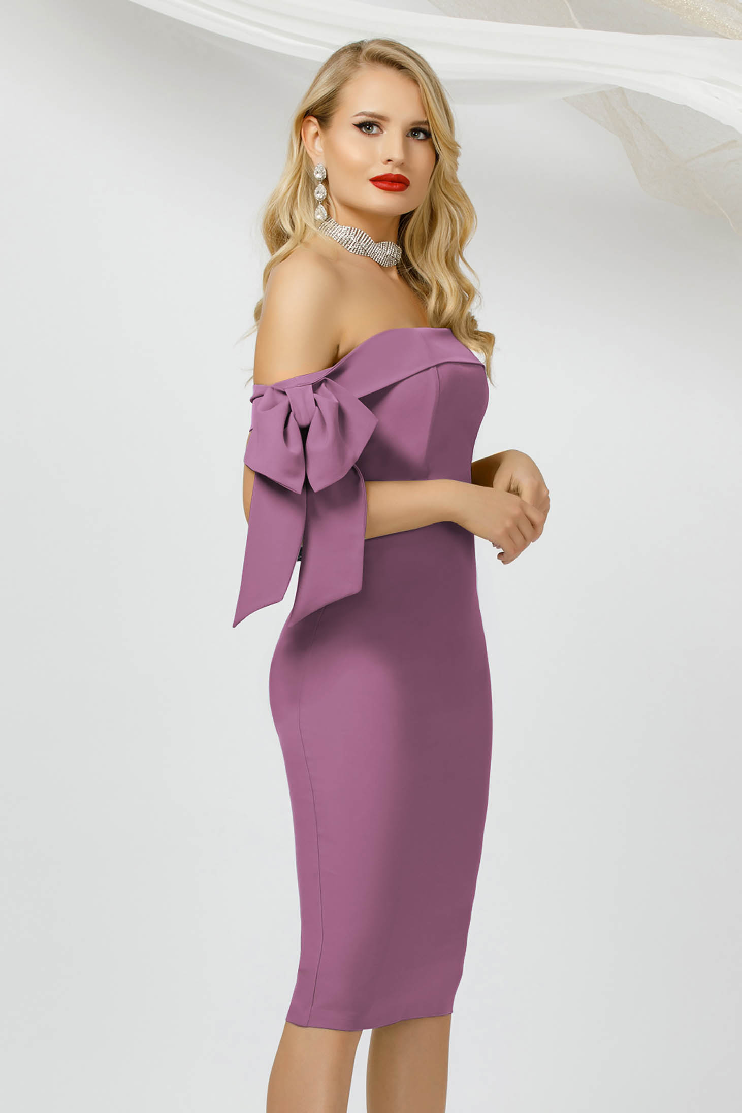 Purple Pencil Dress made of thin material accessorized with bows - PrettyGirl 4 - StarShinerS.com
