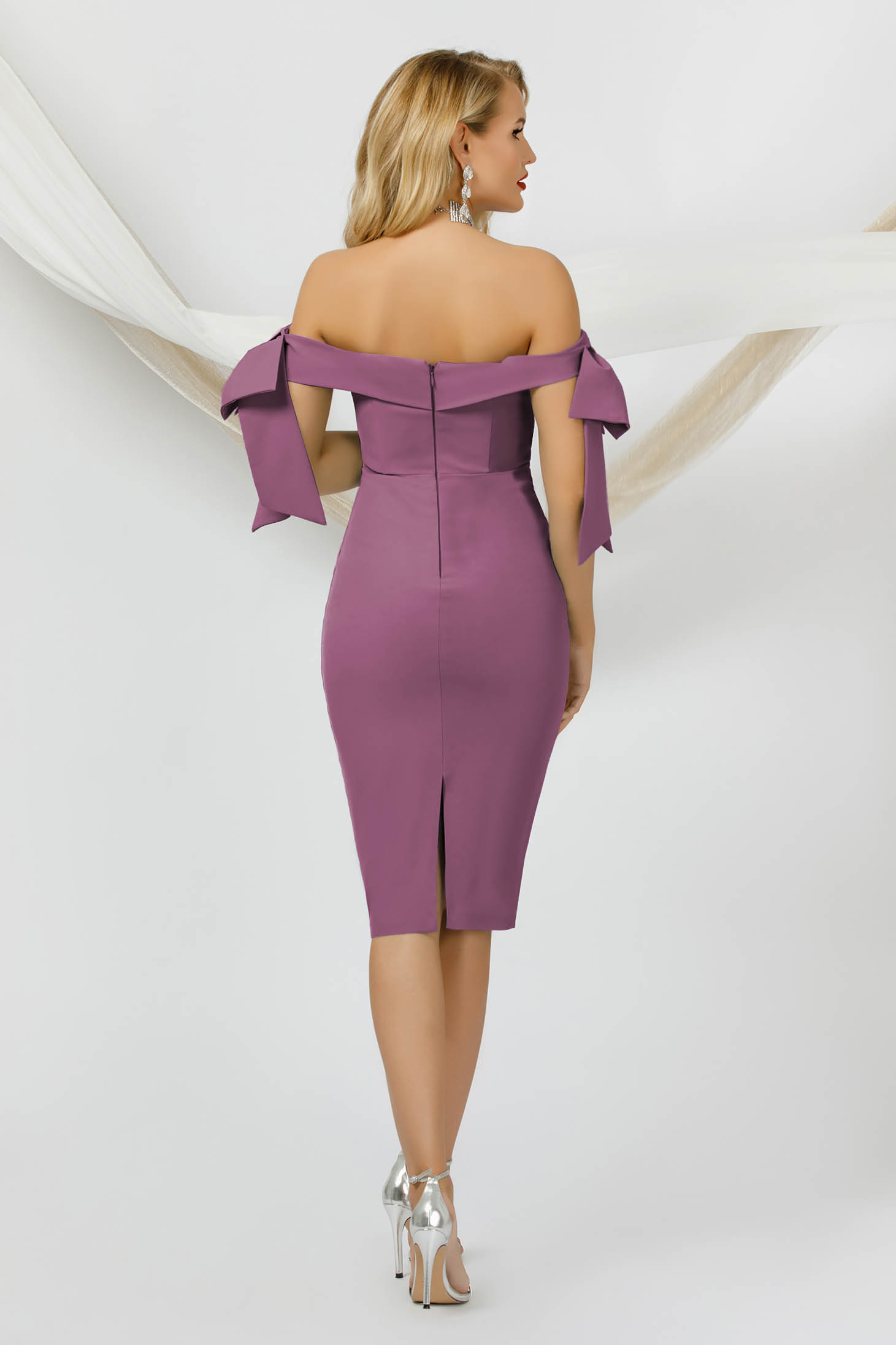 Purple Pencil Dress made of thin material accessorized with bows - PrettyGirl 3 - StarShinerS.com