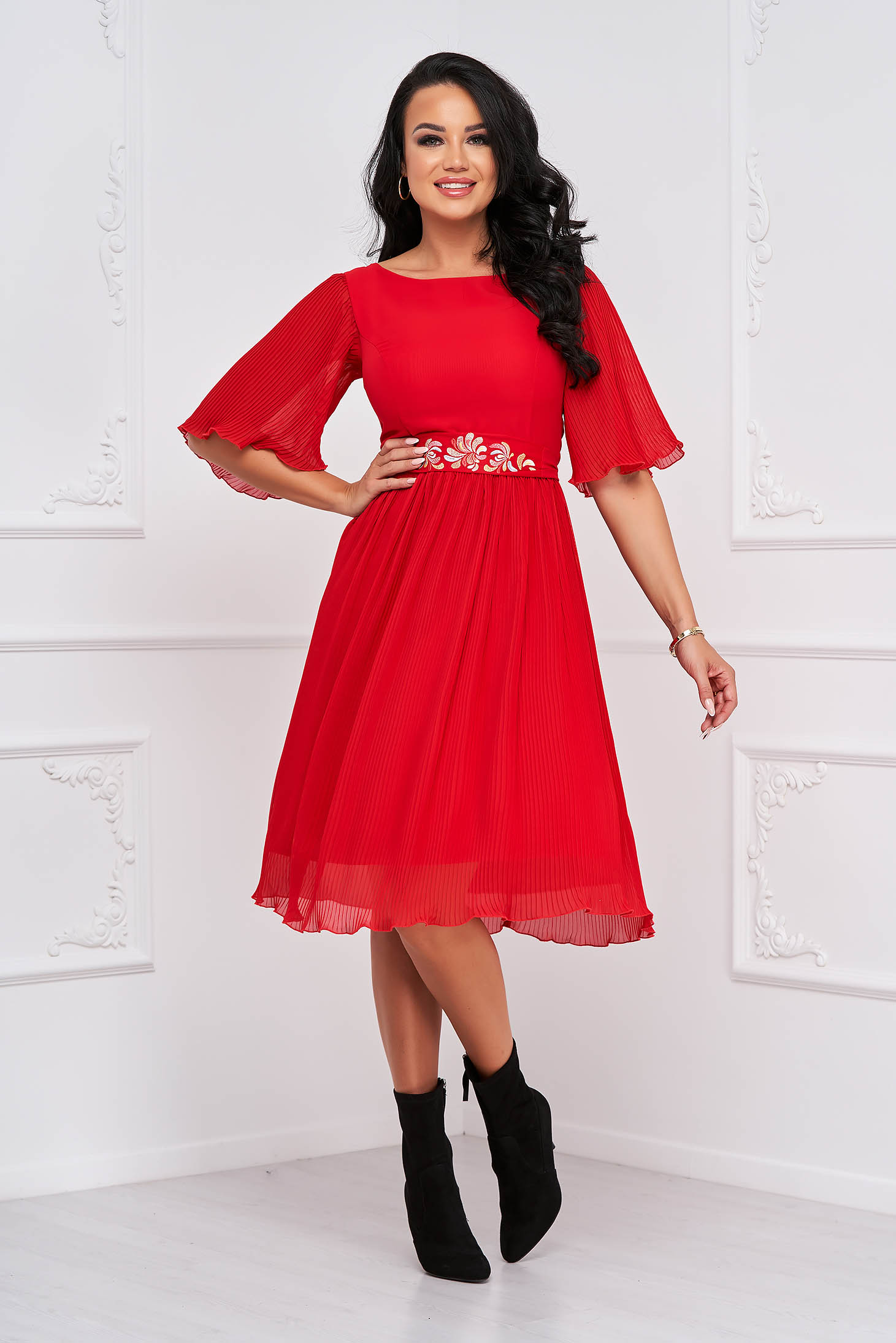 Pleated red voile midi dress in skater style, accessorized with embroidered belt made in our own workshops - StarShinerS 4 - StarShinerS.com