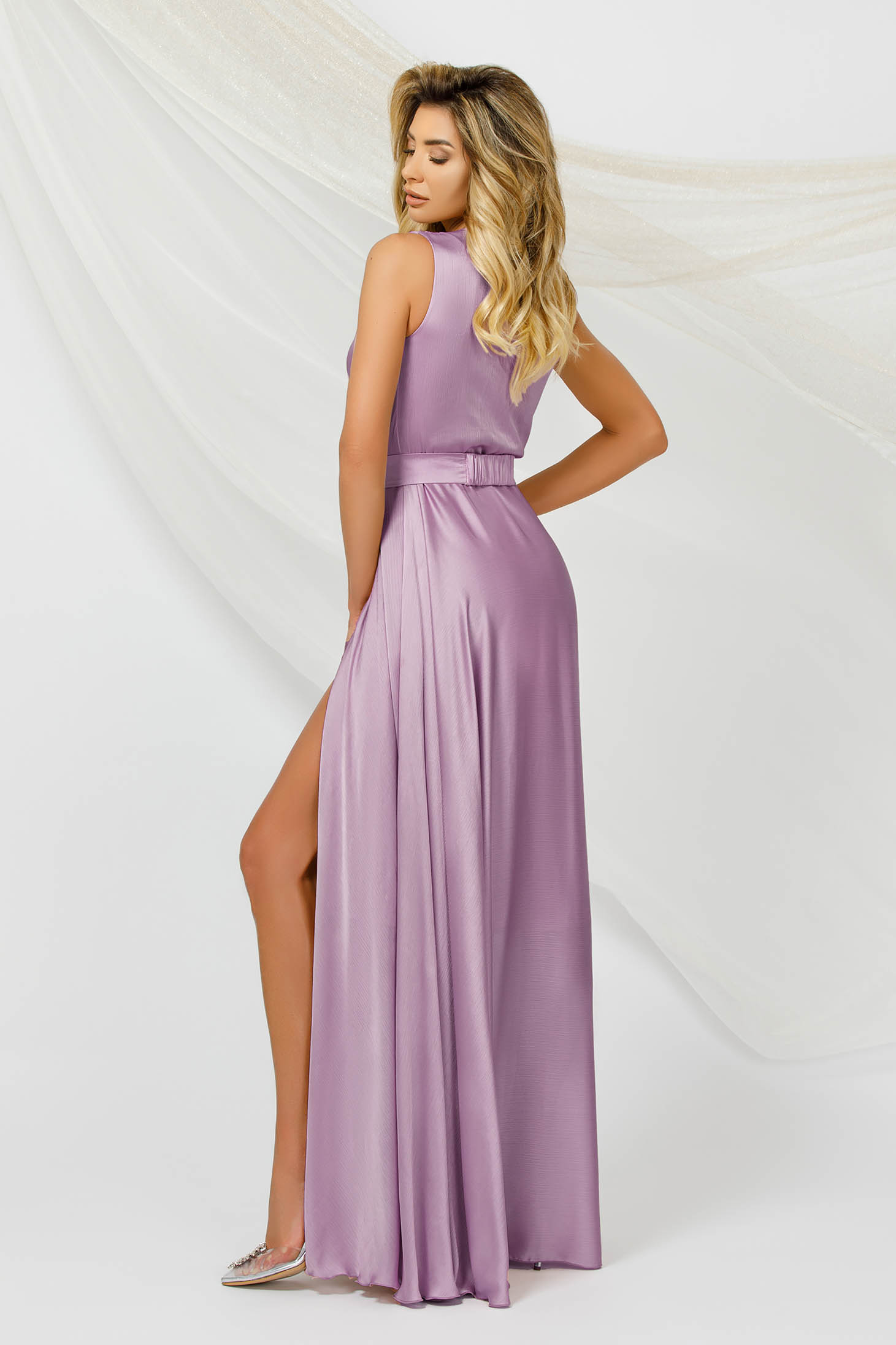 Long lilac satin voile dress in flared style with detachable belt - PrettyGirl 3 - StarShinerS.com