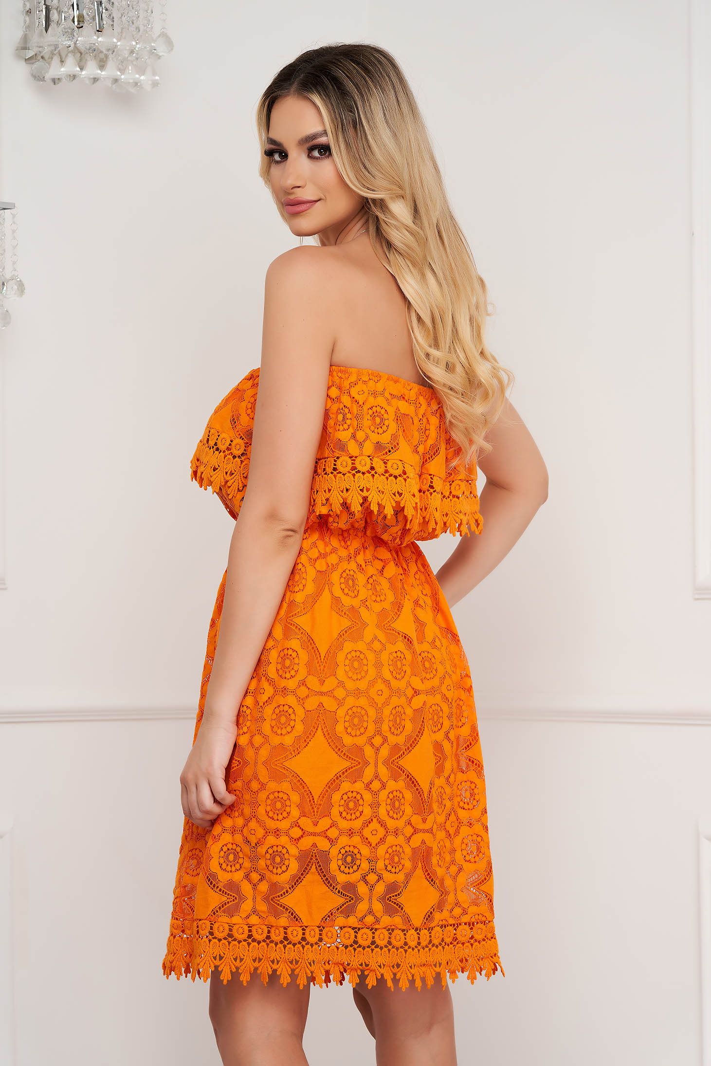 Narancssárga a-vonalú rövid csipkés pamutból készült ruha 5 - StarShinerS.hu