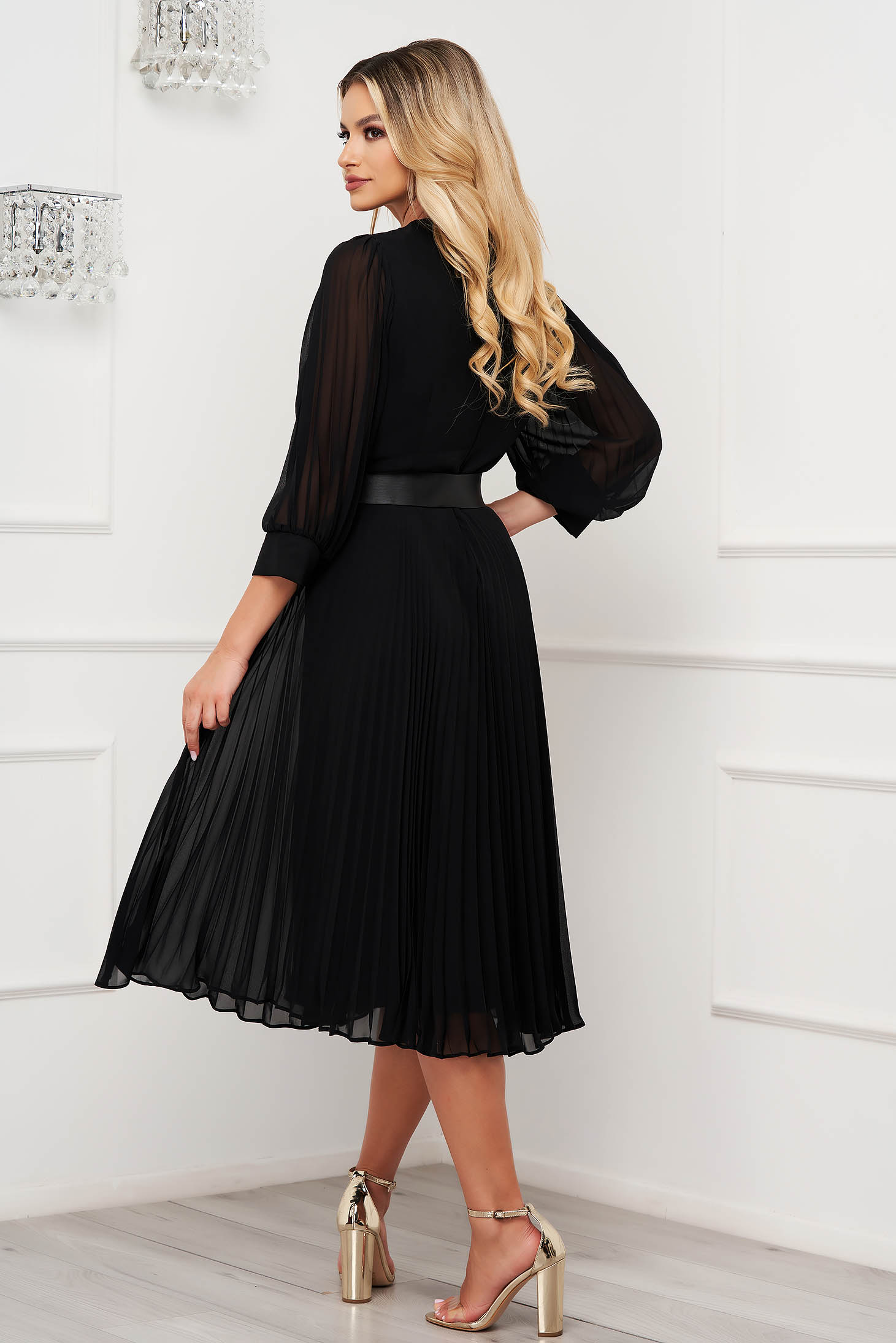 Black Dress Pleated From Veil Fabric Midi Cloche Accessorized With Belt 6745