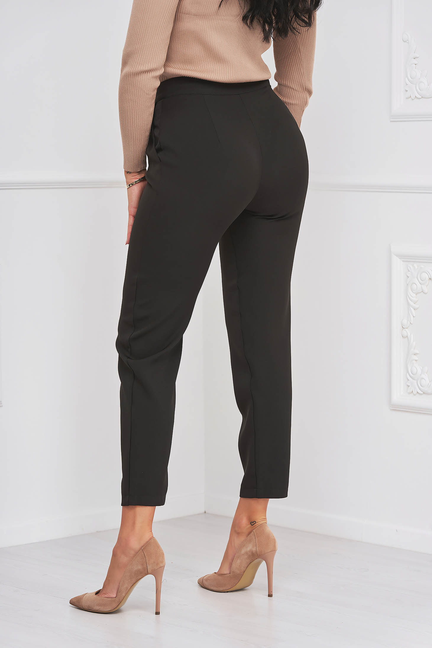 Pantaloni din stofa elastica negru conici cu talie normala si buzunare laterale - StarShinerS 2 - StarShinerS.ro