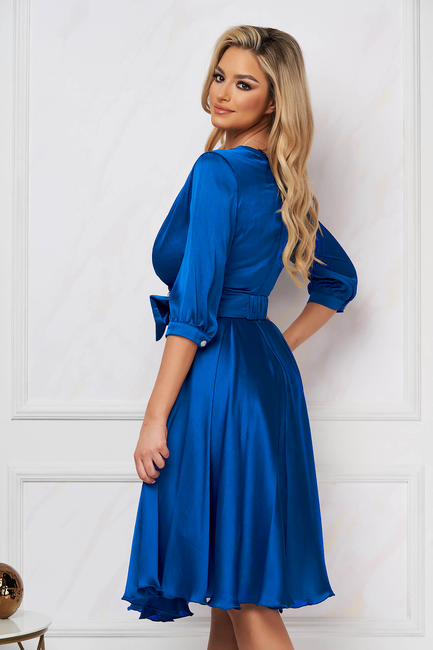 Blue Satin Midi A-Line Dress with Crossover Neckline - PrettyGirl 2 - StarShinerS.com