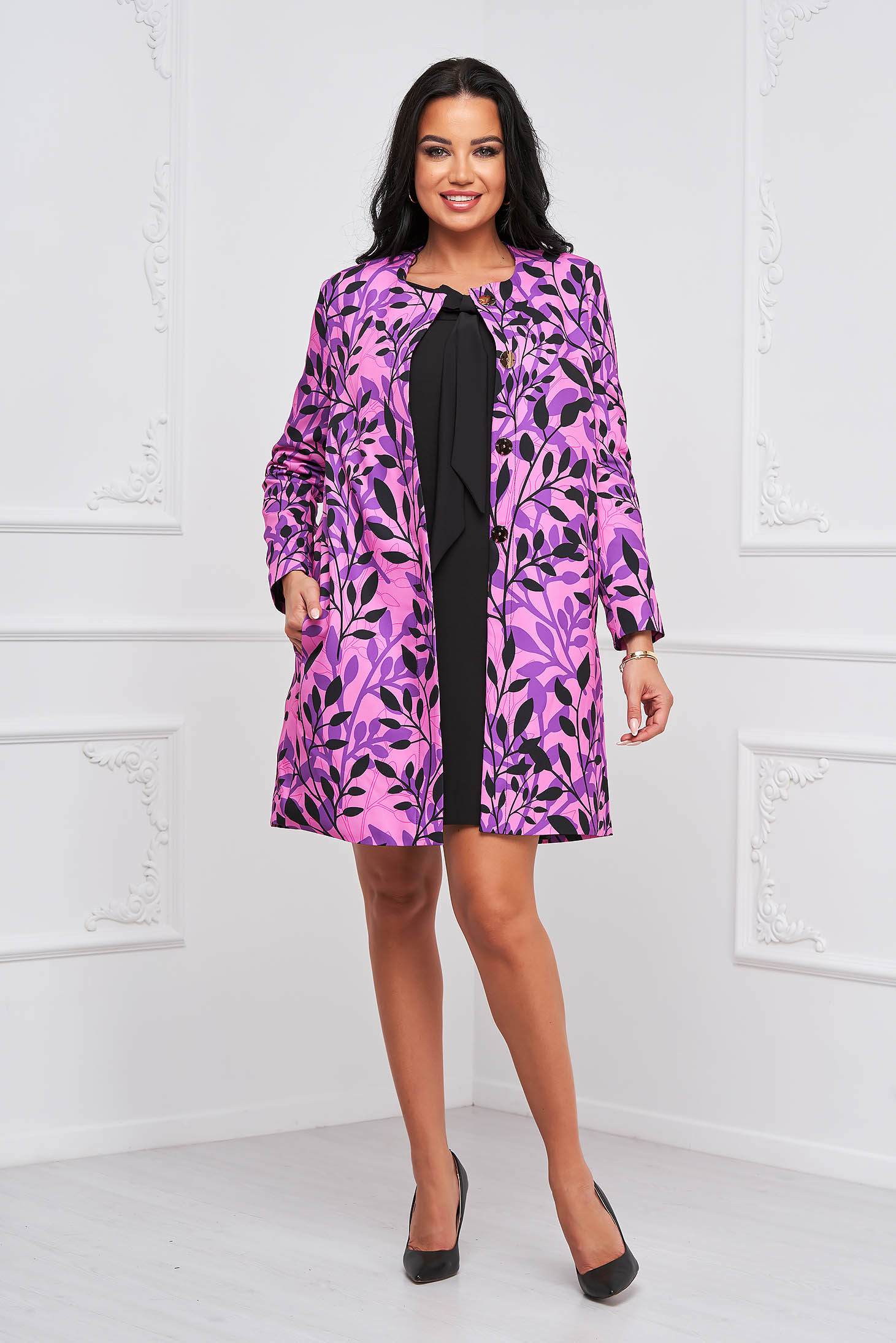 Thin fabric overcoat with a straight cut and side pockets with digital print - StarShinerS 3 - StarShinerS.com
