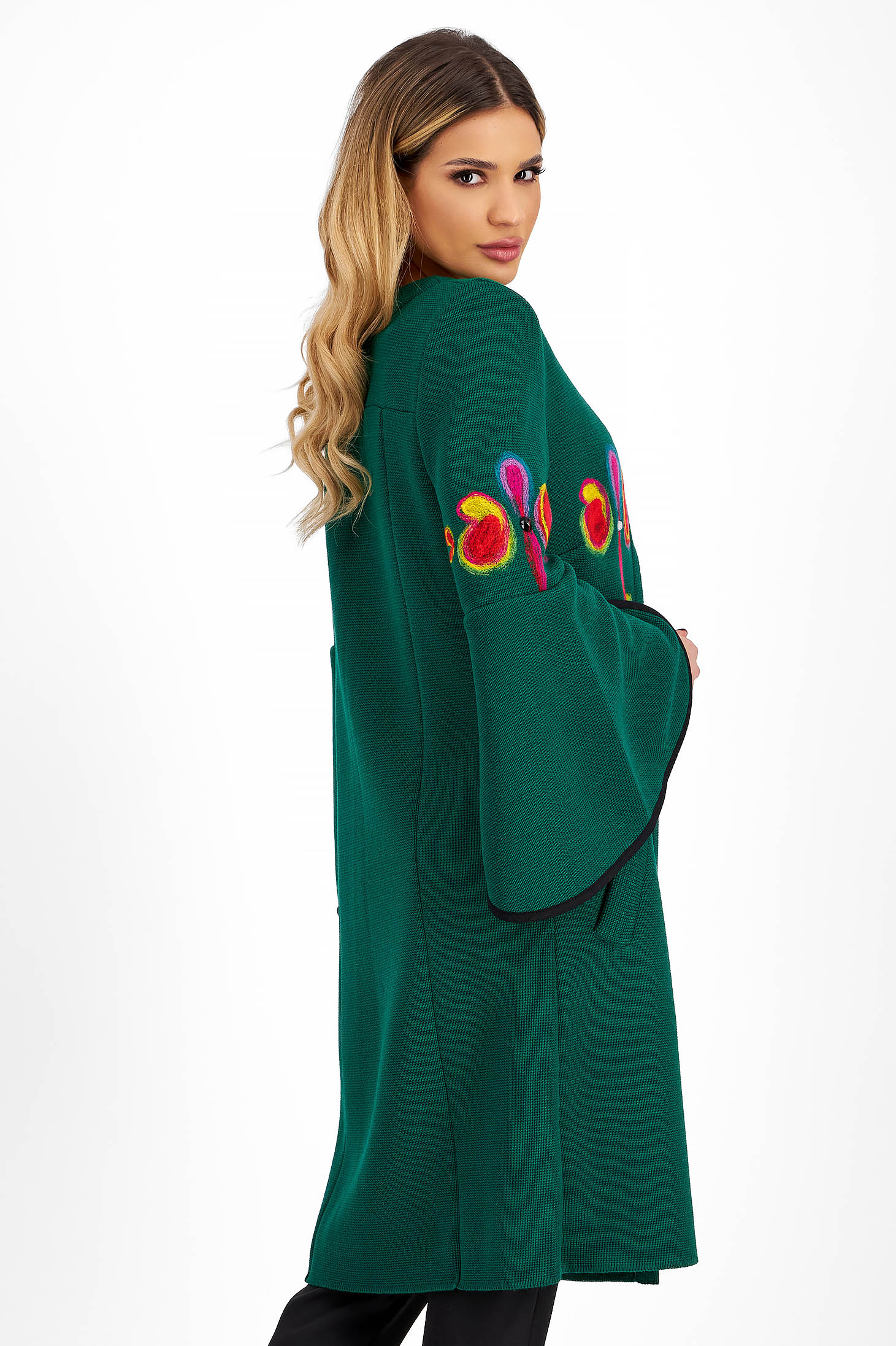 Cardigan din bumbac tricotat verde cu maneci clopot - Lady Pandora 2 - StarShinerS.ro