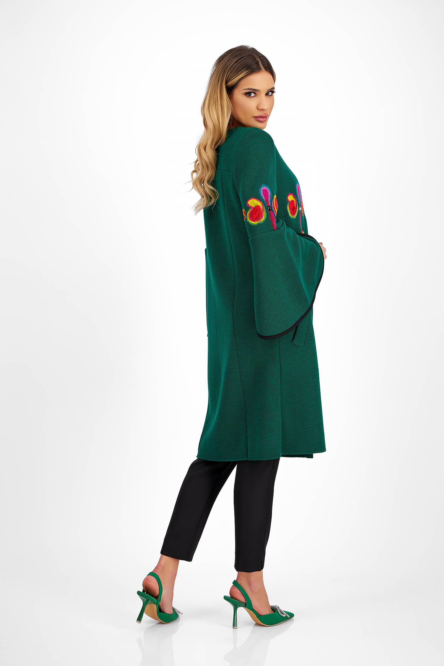 Cardigan din bumbac tricotat verde cu maneci clopot - Lady Pandora 4 - StarShinerS.ro