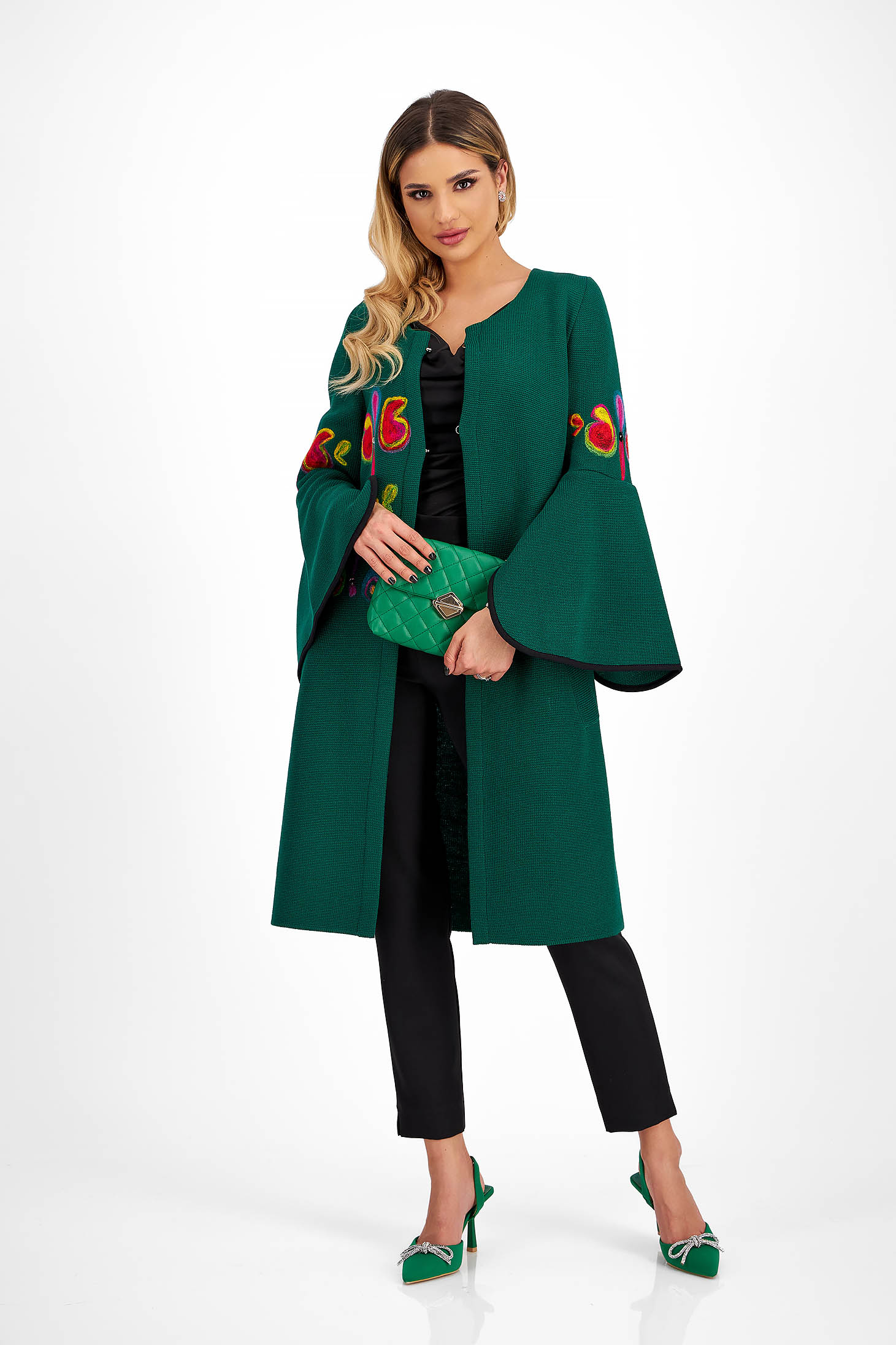 Cardigan din bumbac tricotat verde cu maneci clopot - Lady Pandora 3 - StarShinerS.ro
