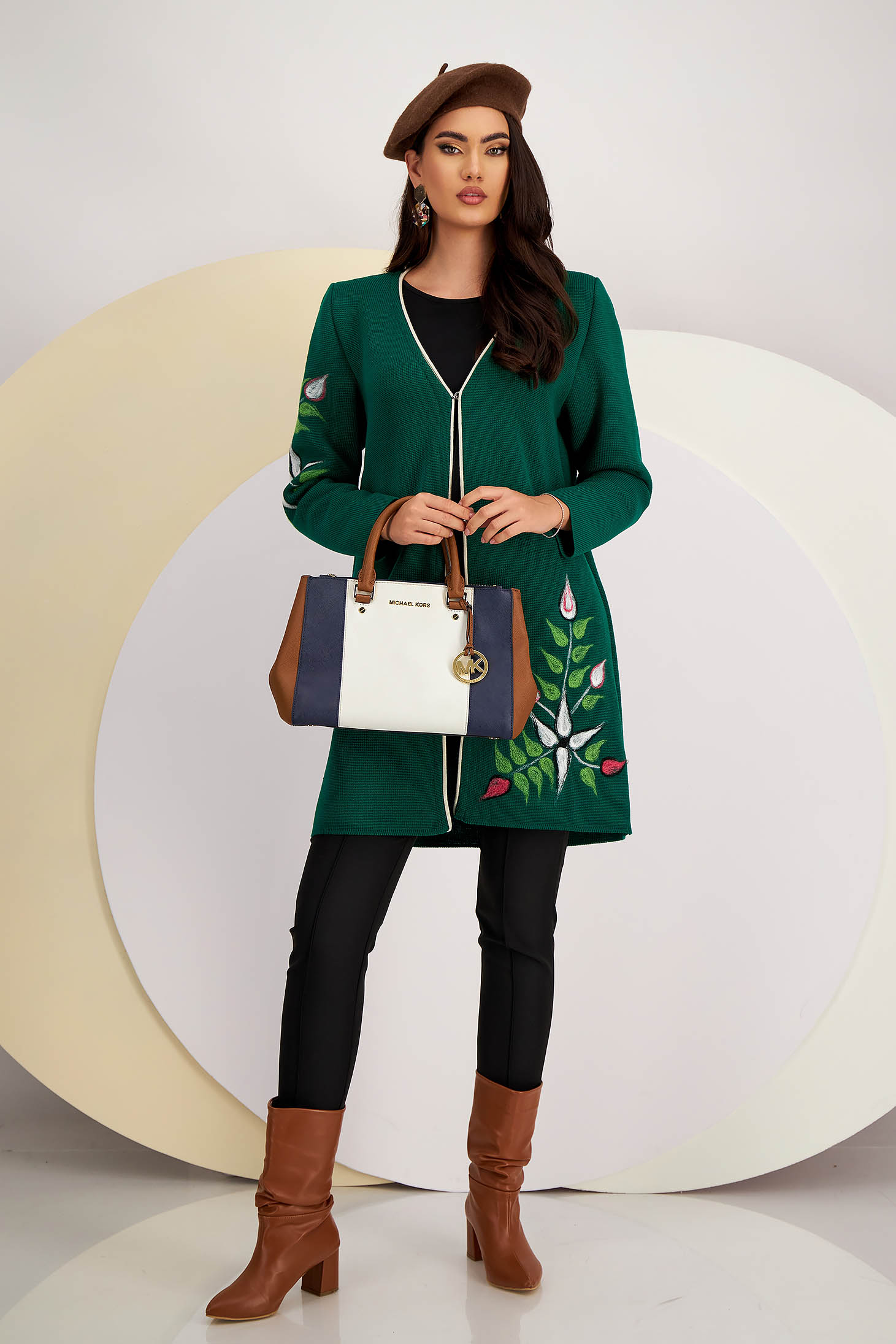 Green knitted cardigan with front closure and floral patterns - Lady Pandora 5 - StarShinerS.com