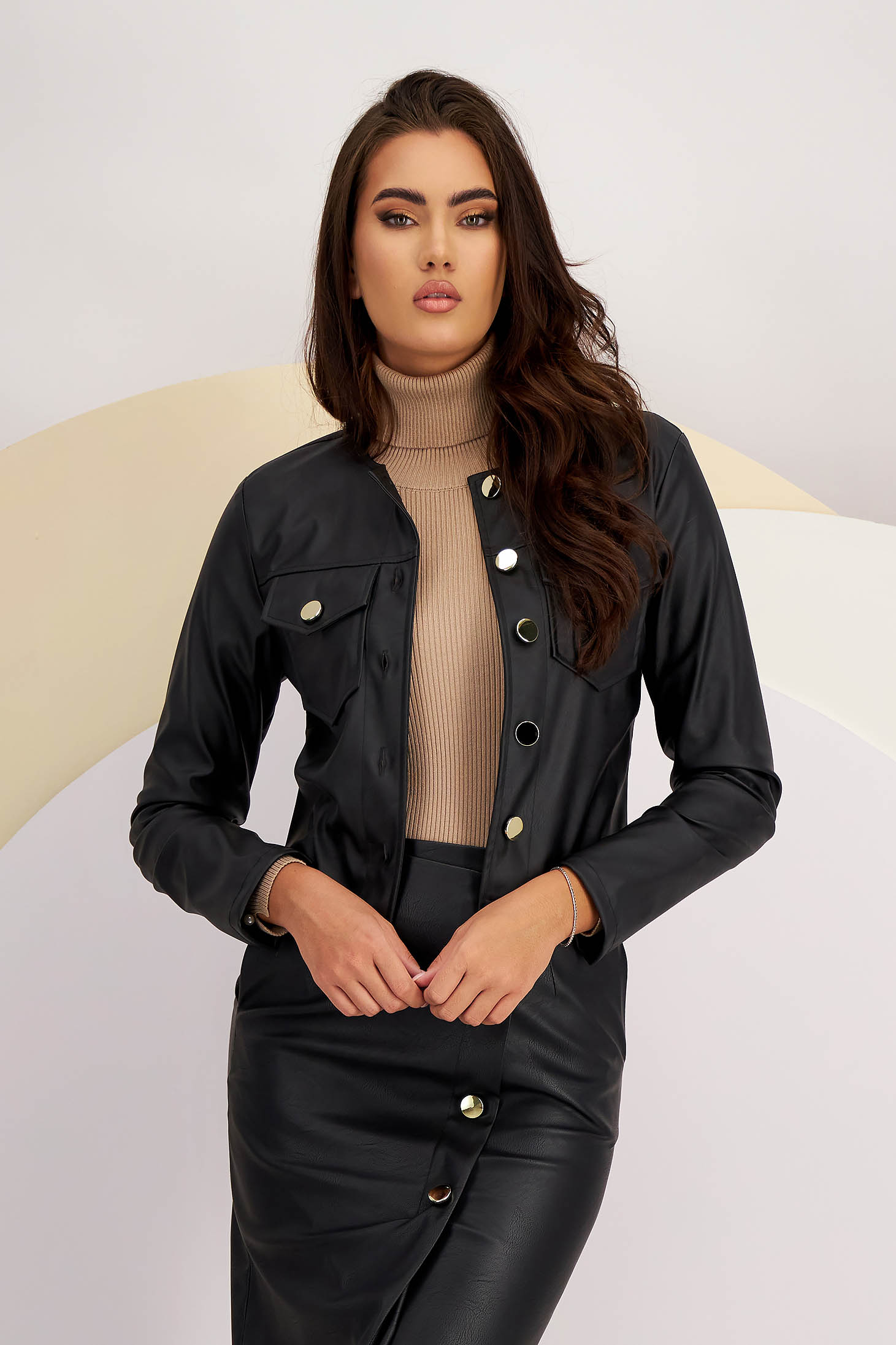 Black fitted faux leather jacket with metallic buttons SunShine