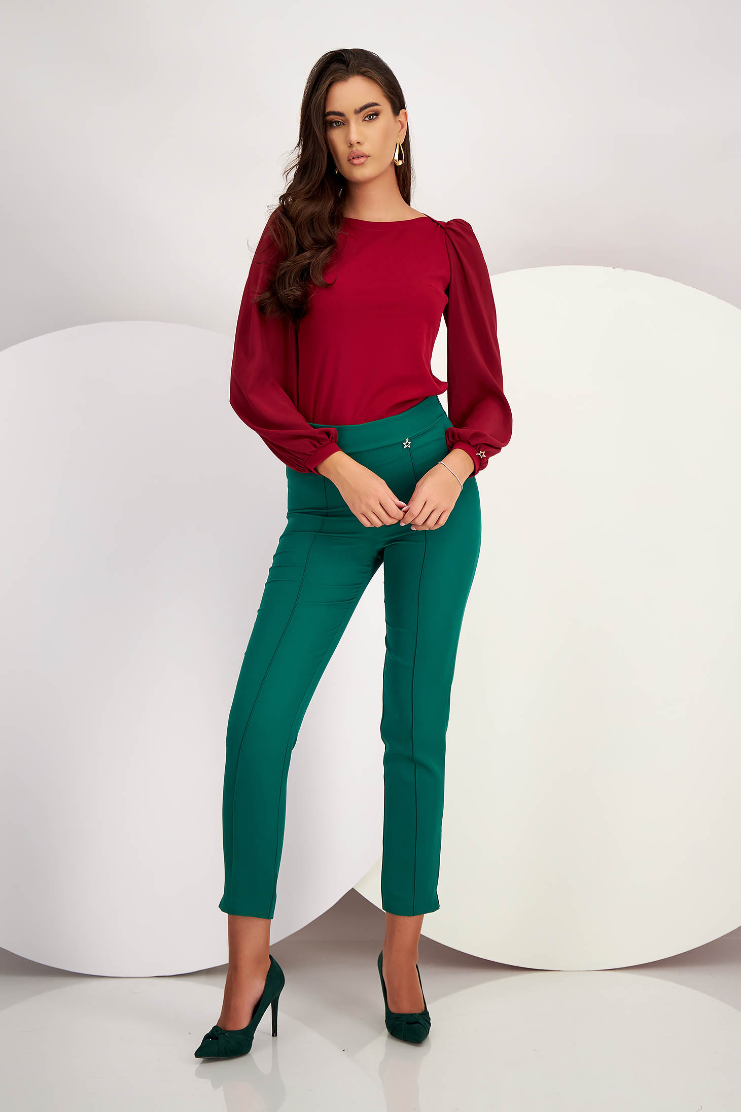 Pantaloni din stofa usor elastica verde-inchis conici cu talie inalta - StarShinerS 3 - StarShinerS.ro