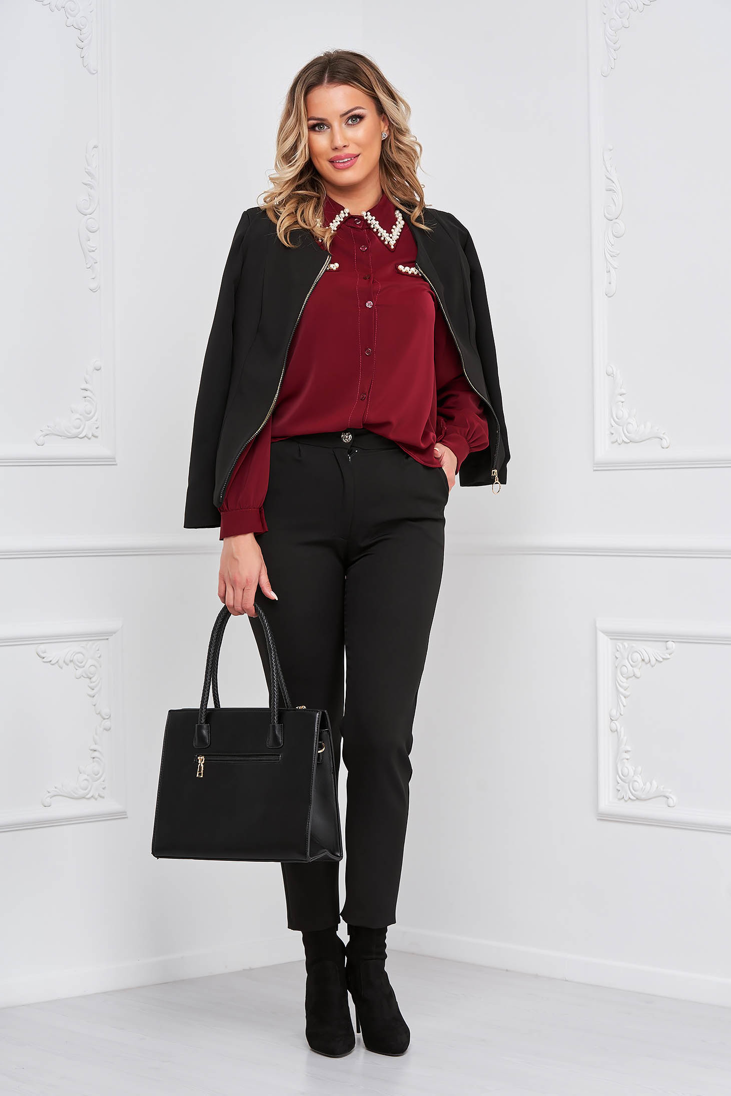 Burgundy women`s blouse light material loose fit with pearls 3 - StarShinerS.com