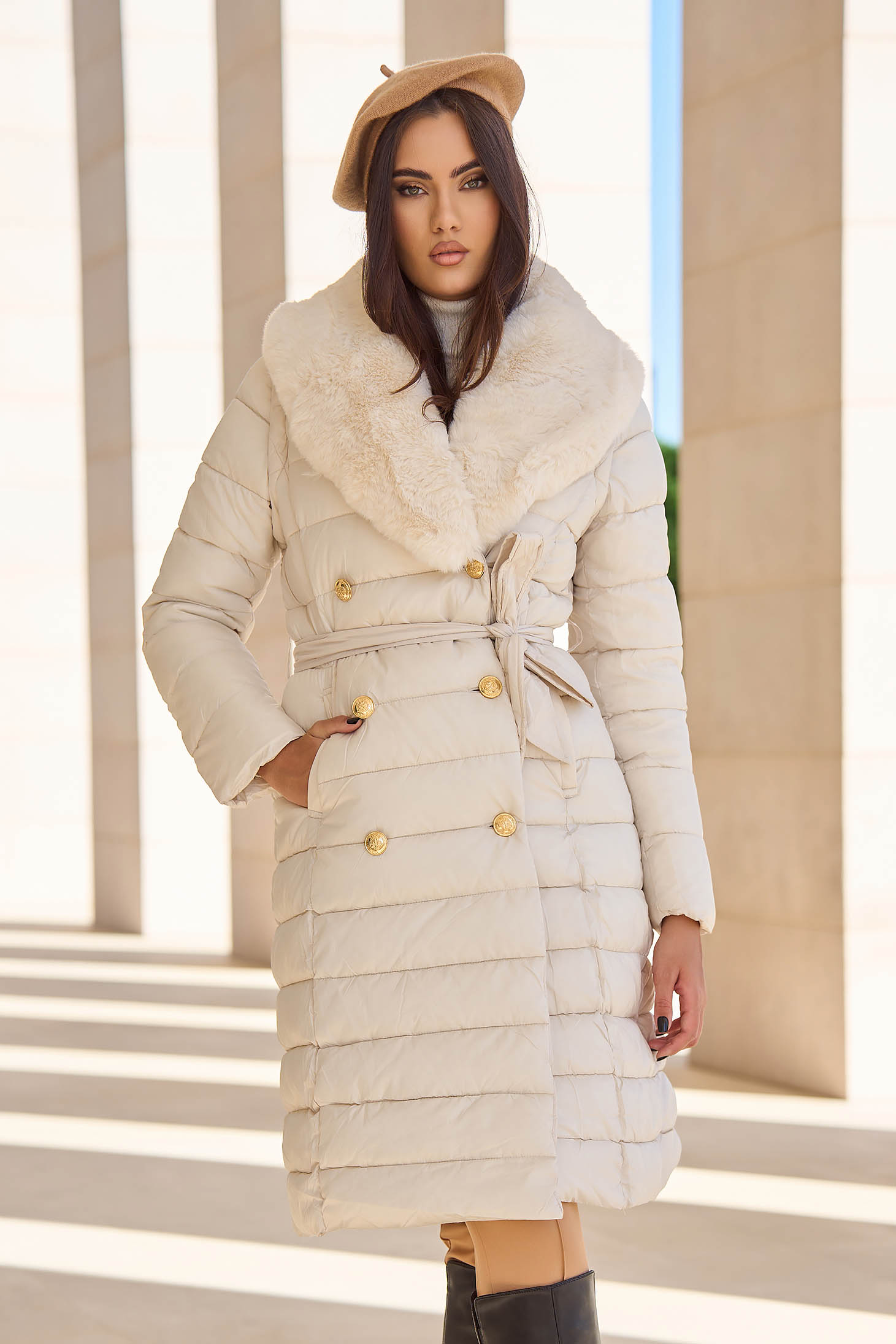 2 in 1 Jacket with Ivory Midi Down Vest and Faux Fur Collar - SunShine 2 - StarShinerS.com