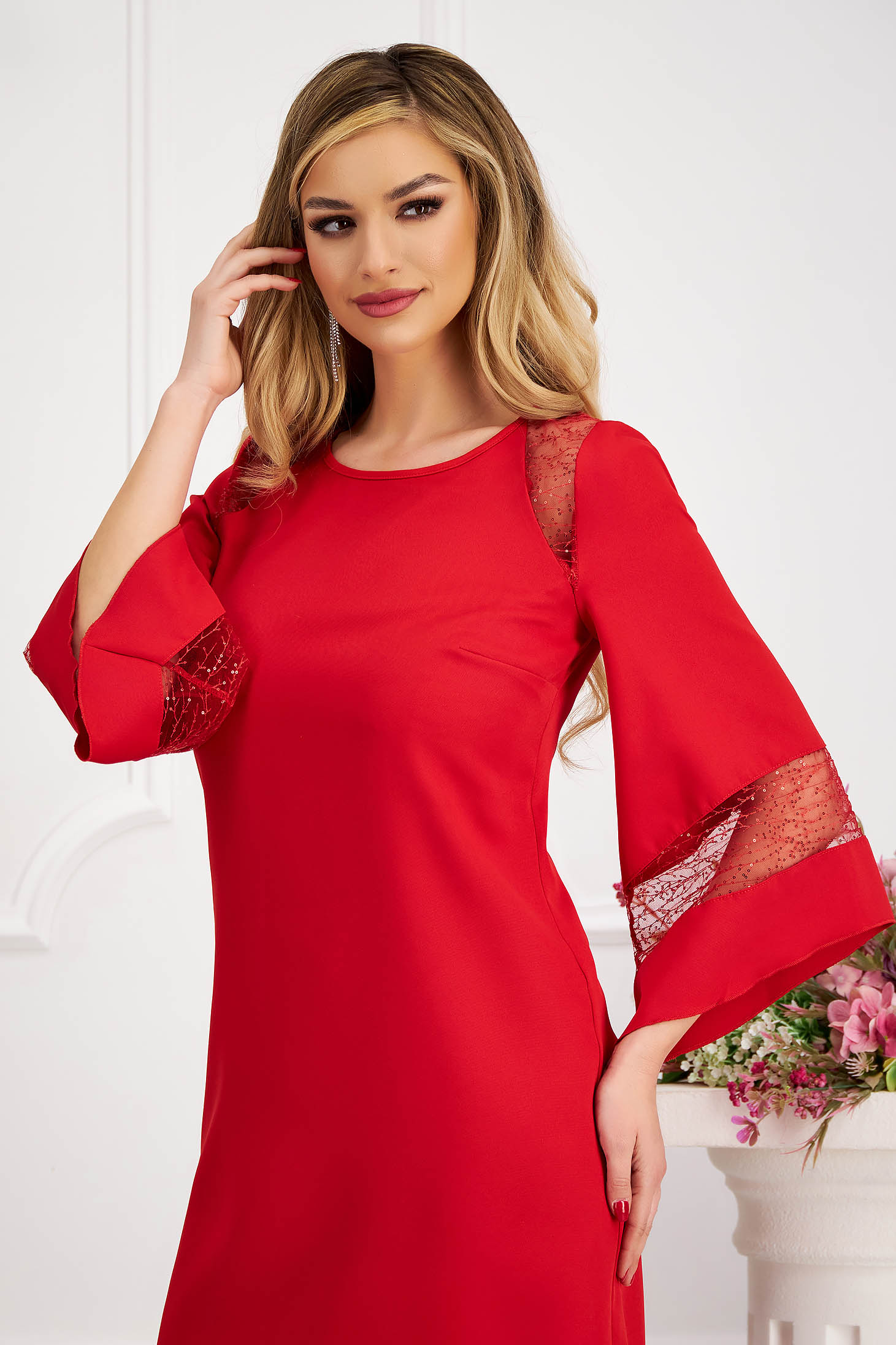 Red Short Elastic Fabric Dress with Straight Cut and Bell Sleeves - StarShinerS