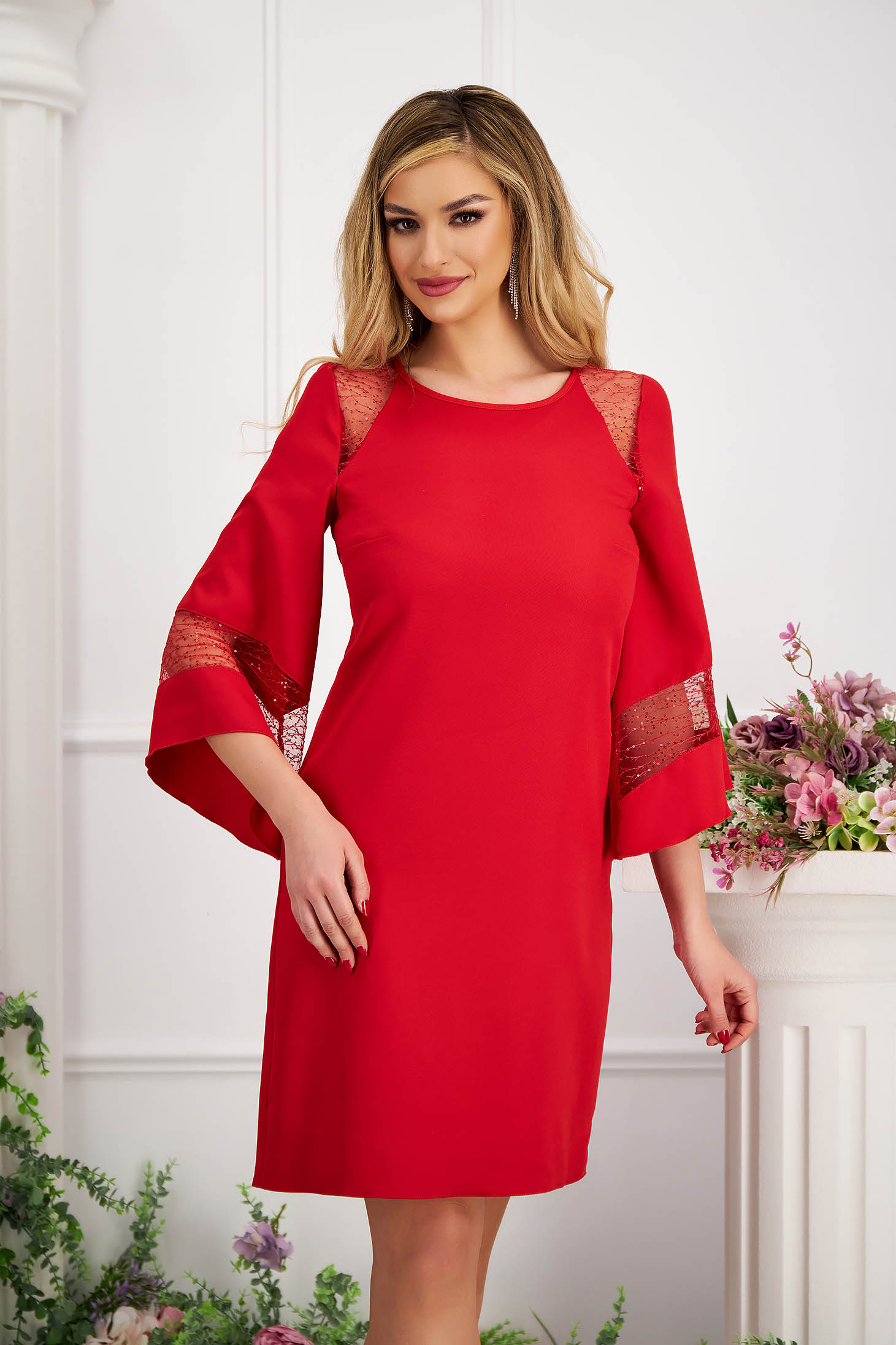 Rochie din stofa elastica rosie scurta cu un croi drept si maneci clopot - StarShinerS 3 - StarShinerS.ro