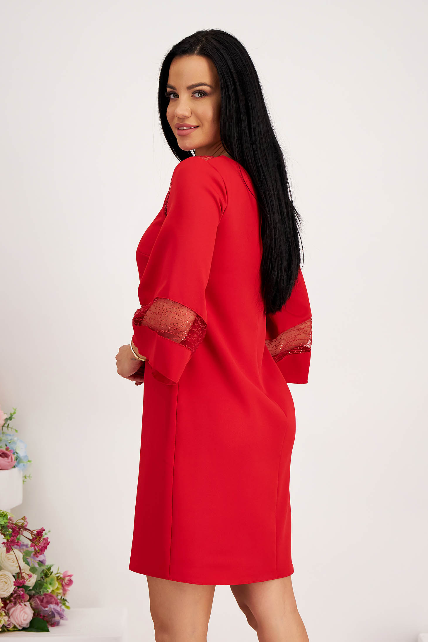 Red Short Elastic Fabric Dress with Straight Cut and Bell Sleeves - StarShinerS 2 - StarShinerS.com