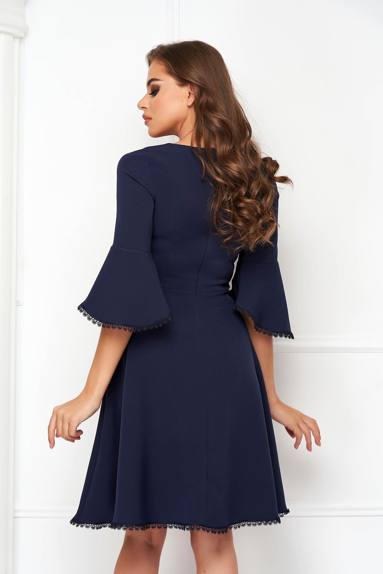 Navy Blue Elastic Fabric Dress in A-line with Ruffles on the Sleeve - StarShinerS 2 - StarShinerS.com
