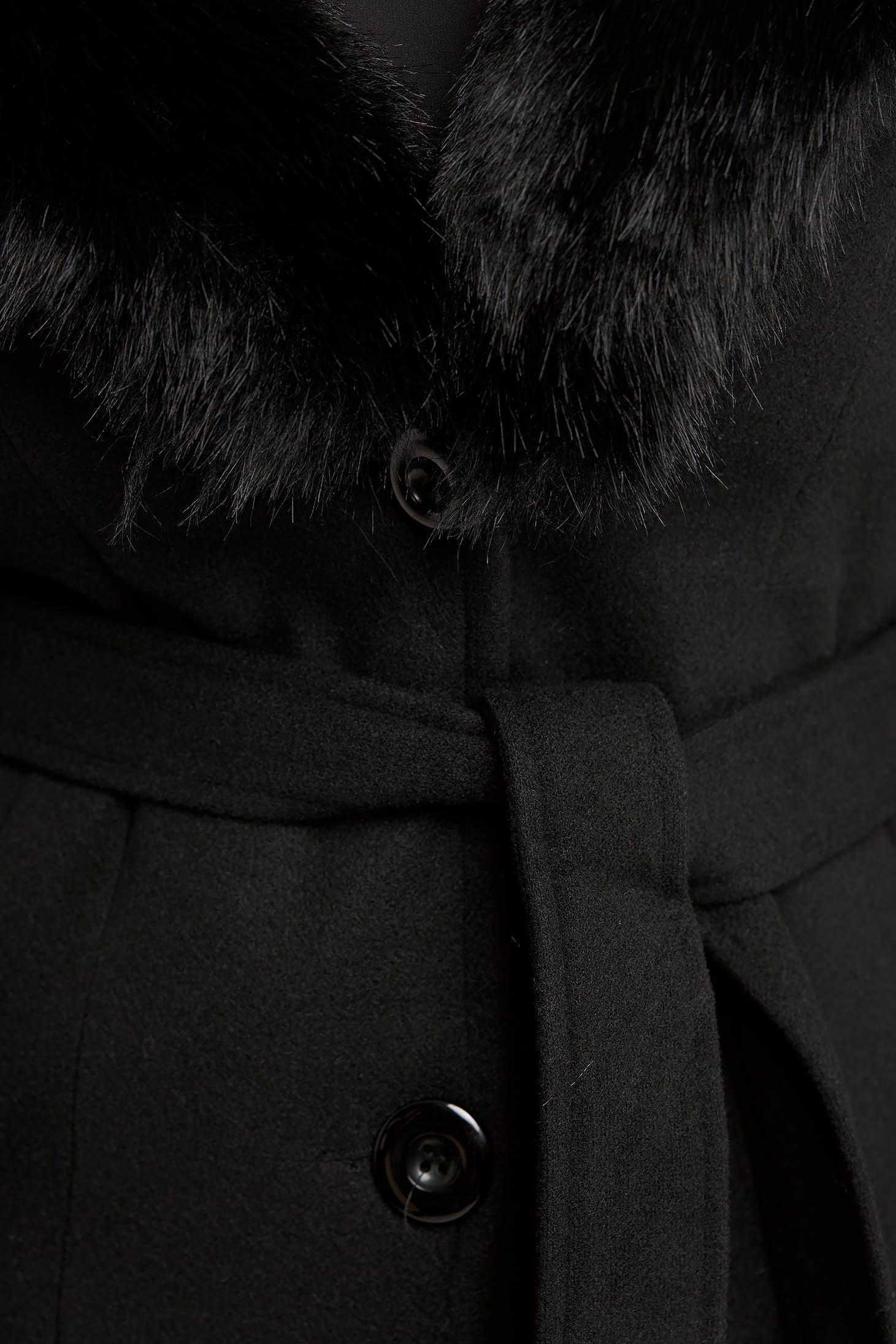 Fekete szűkített szövetkabát gyapjúból szőrmével eltávolítható gallérral 5 - StarShinerS.hu
