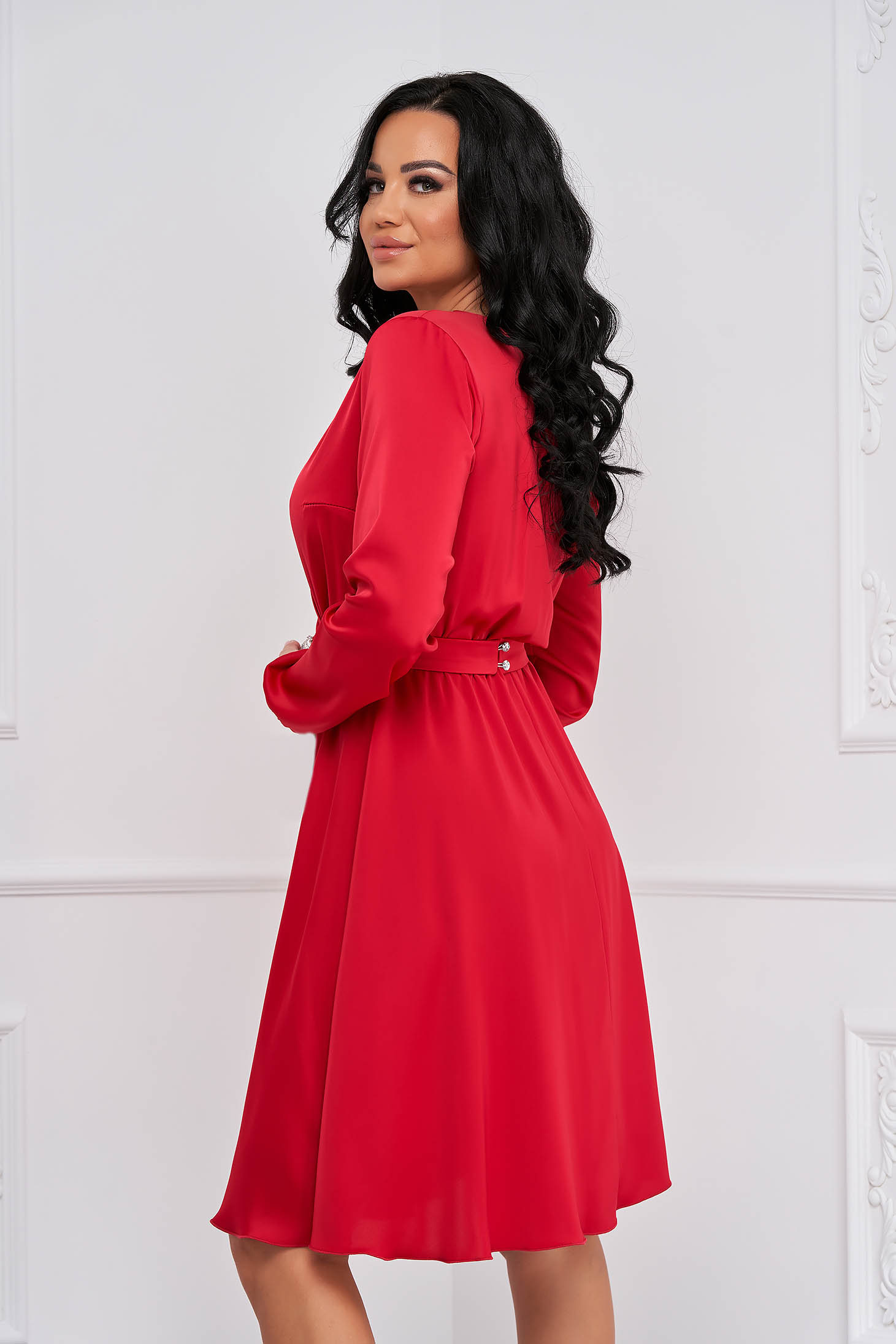 Red Satin Short A-Line Dress with Wrap Over Neckline - StarShinerS 2 - StarShinerS.com