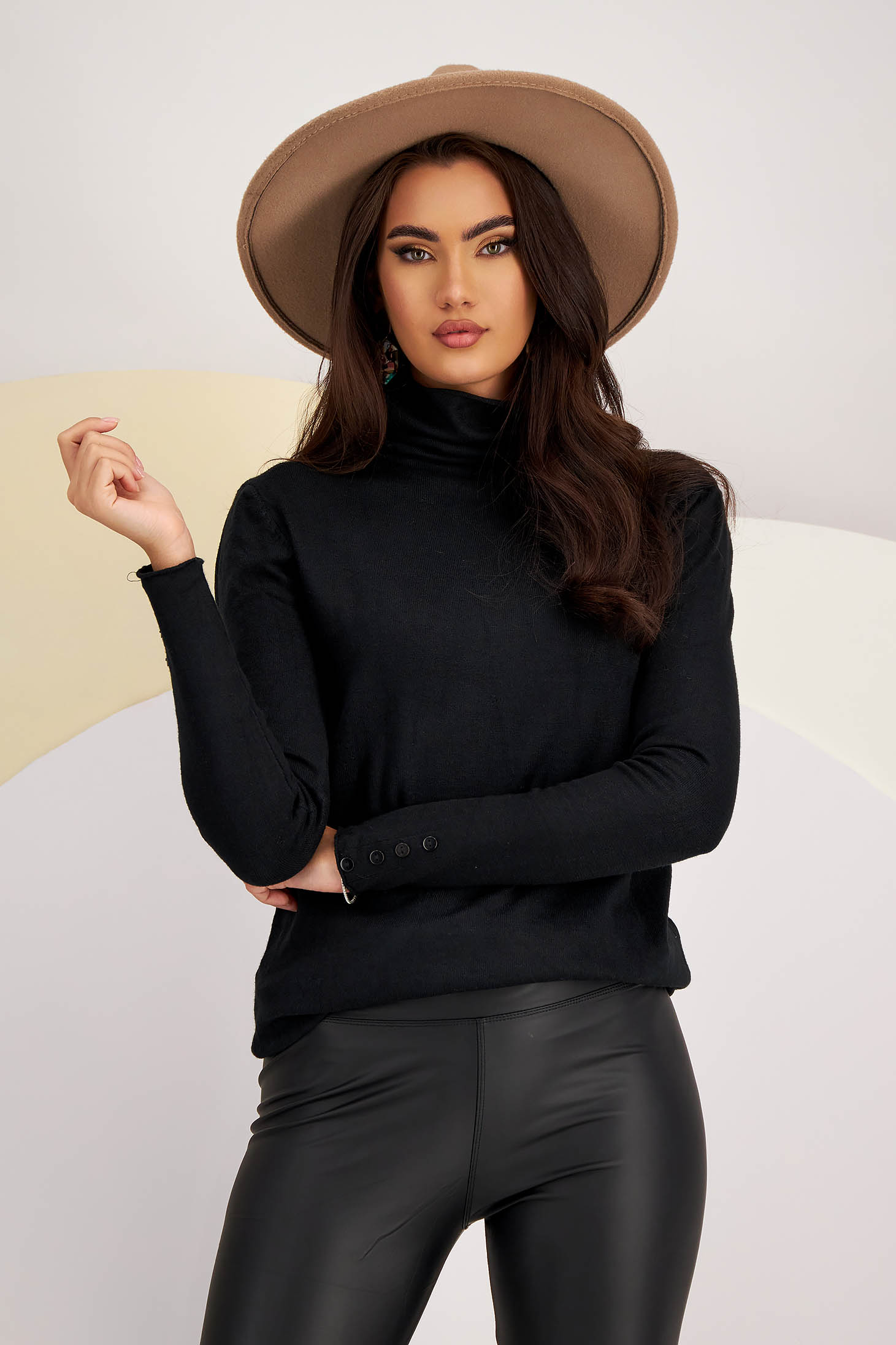 Black cotton sweater with loose fit and high collar - SunShine 6 - StarShinerS.com