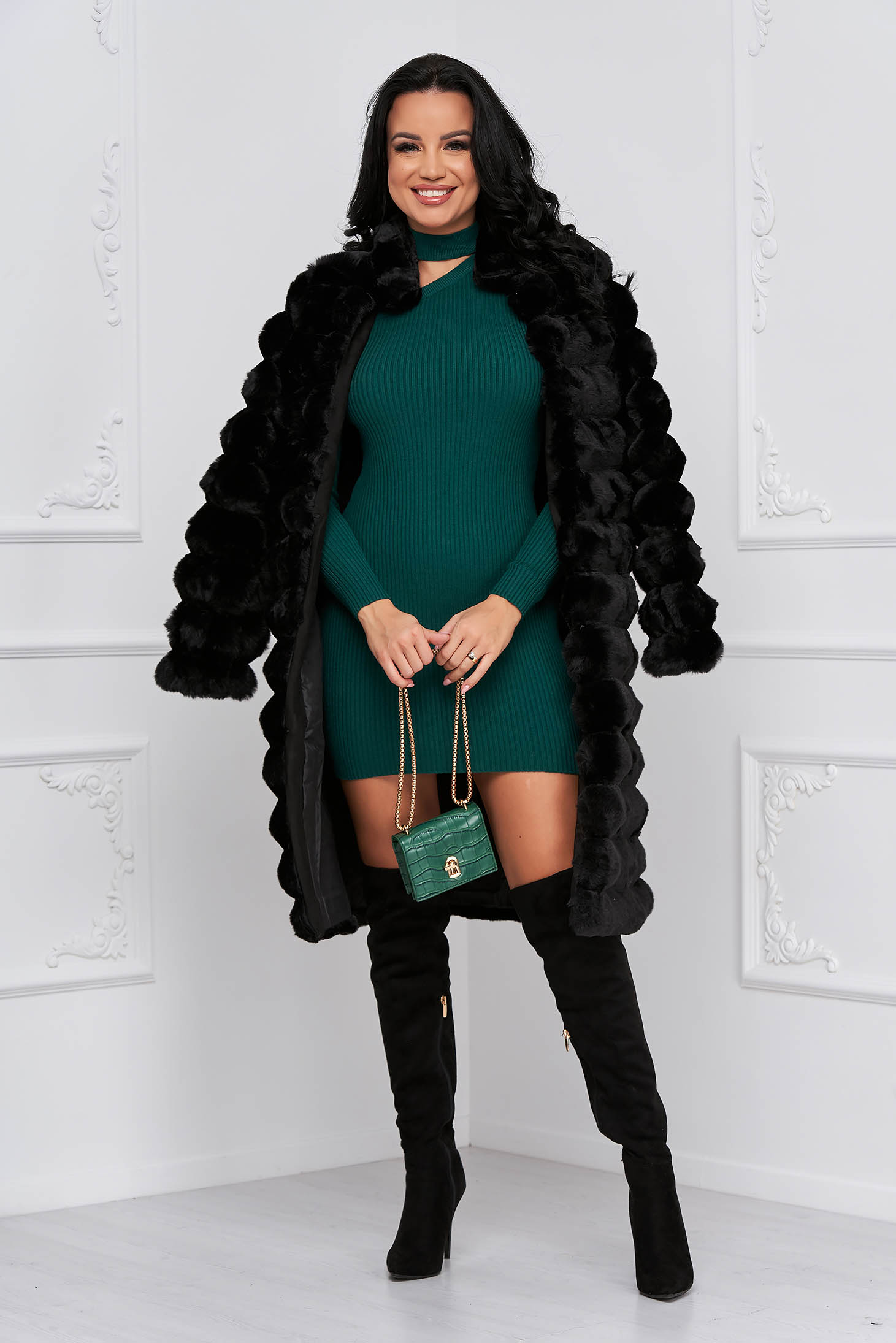Dark Green Knitted Short Pencil Dress with Cutouts in Fabric - SunShine 3 - StarShinerS.com
