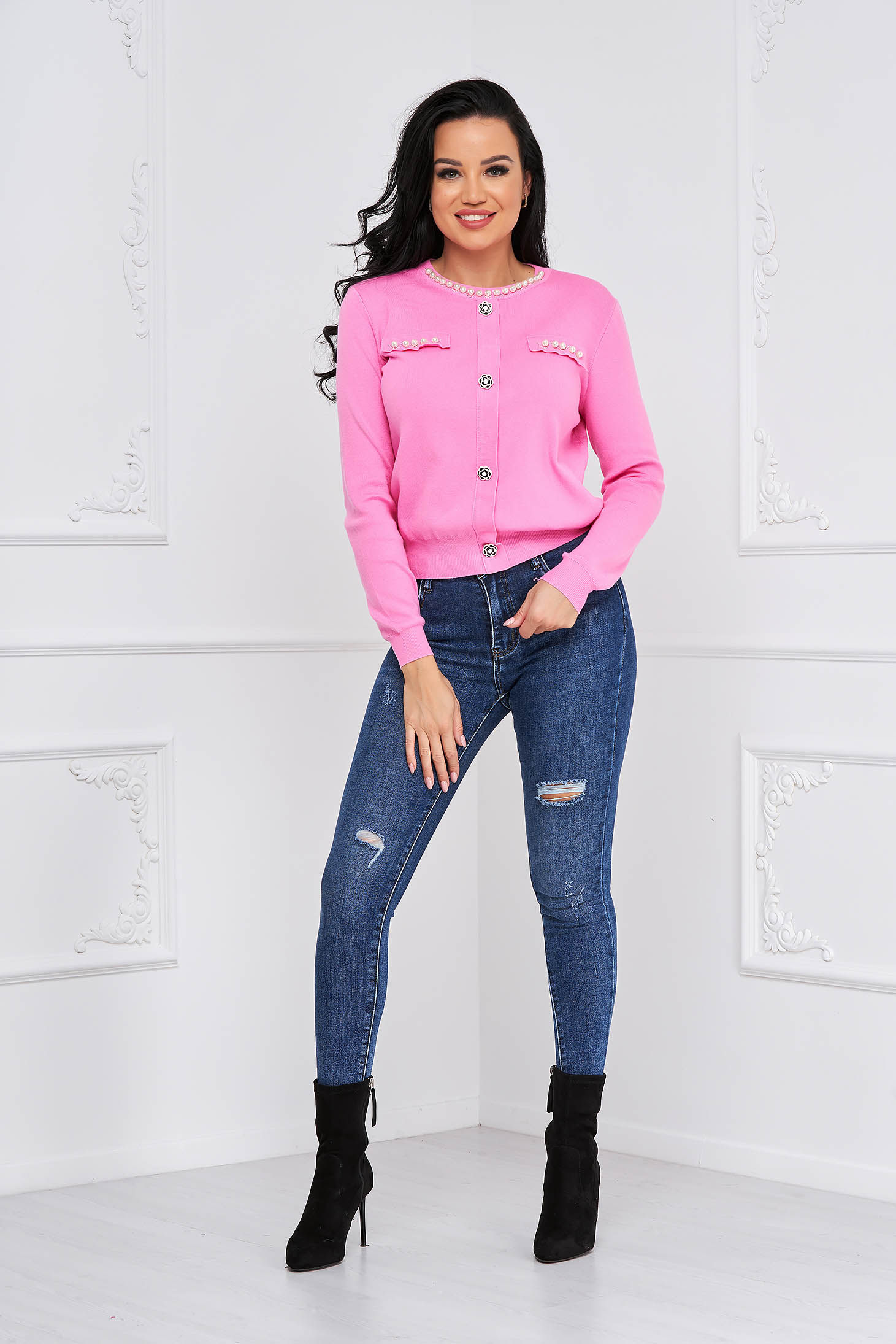Pink sweater knitted loose fit with pearls with button accessories 3 - StarShinerS.com