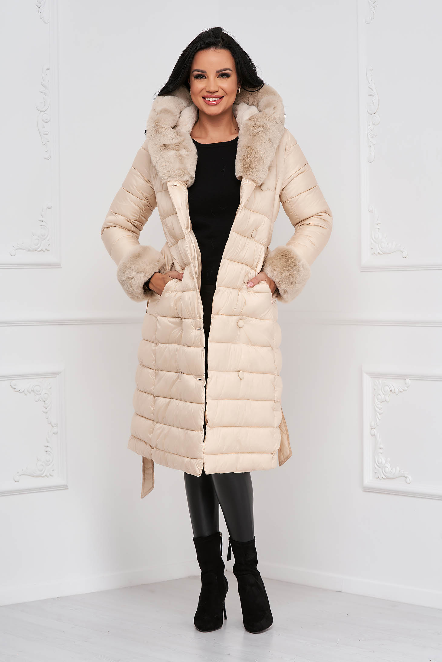 Beige jacket from slicker with furry hood with ecological fur cuffs