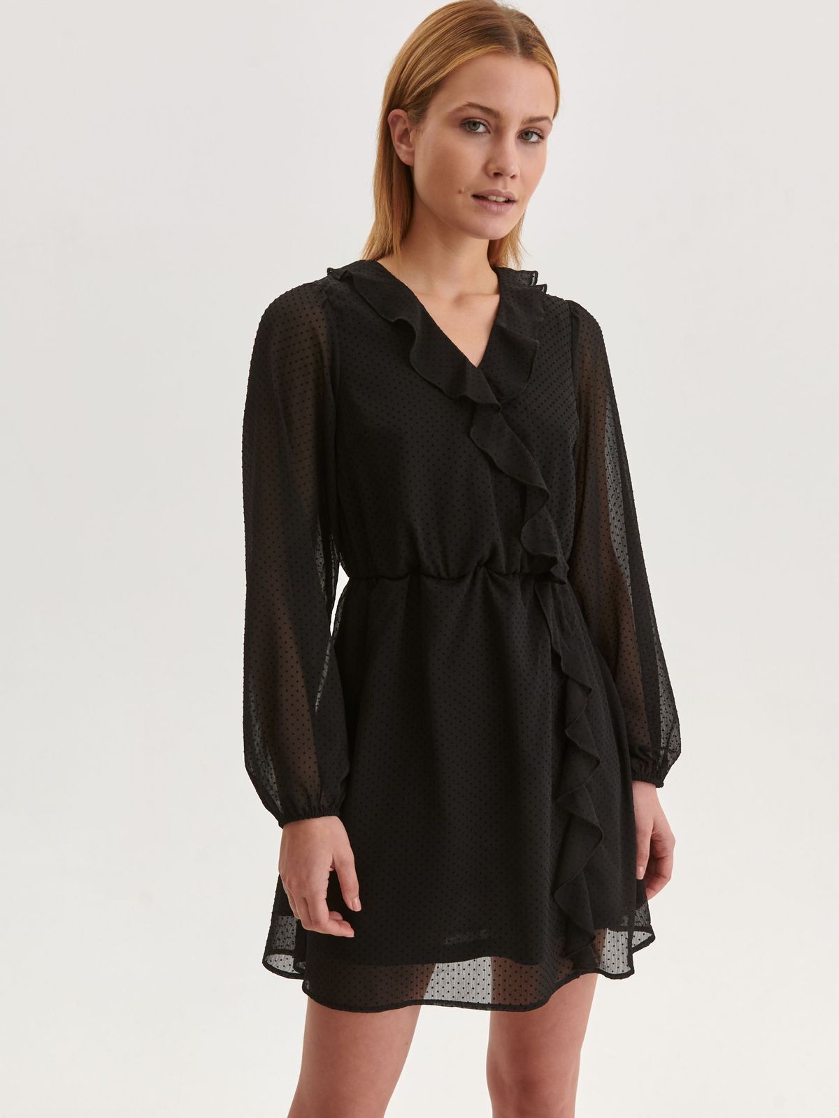 Fekete rövid fodros muszlin ruha harang alakú gumirozott derékrésszel 2 - StarShinerS.hu
