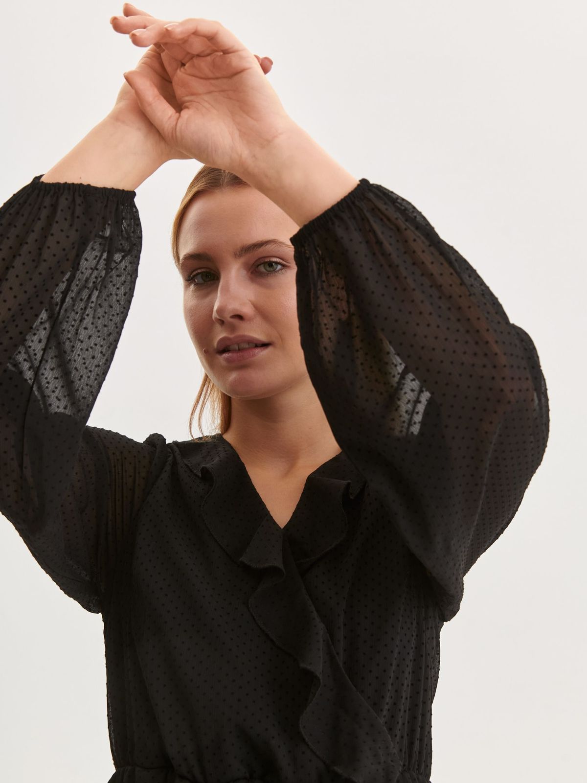 Black dress from veil fabric plumeti short cut cloche with elastic waist with ruffle details 5 - StarShinerS.com