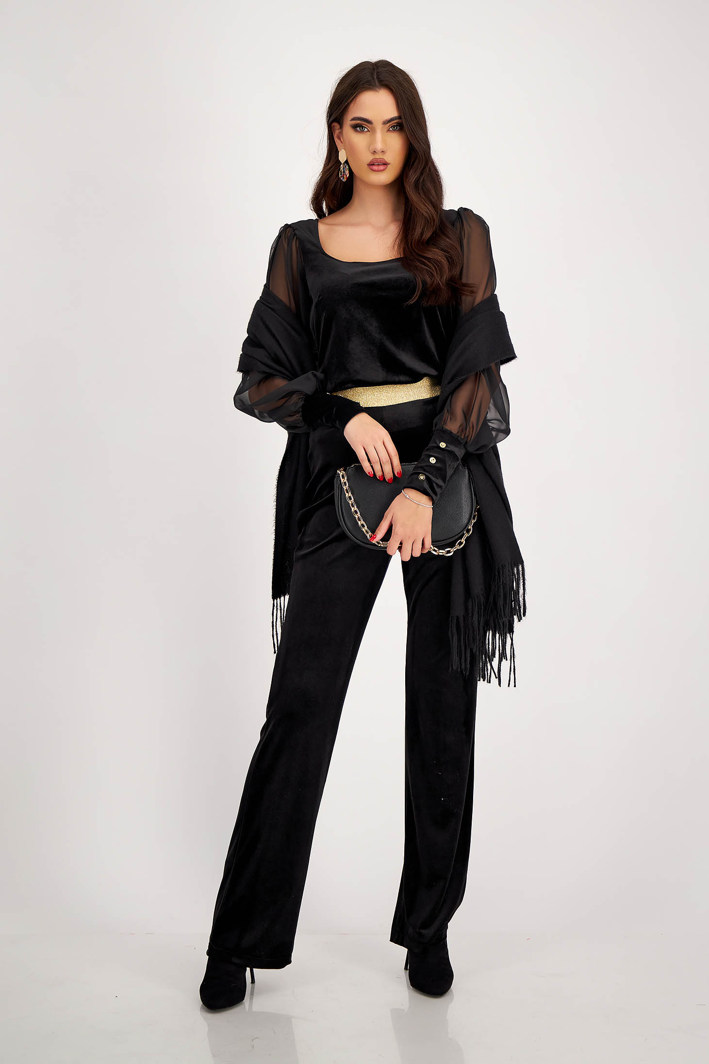 Women's Black Velvet Blouse with Puff Sleeves in Voile and Square Neckline - StarShinerS 3 - StarShinerS.com