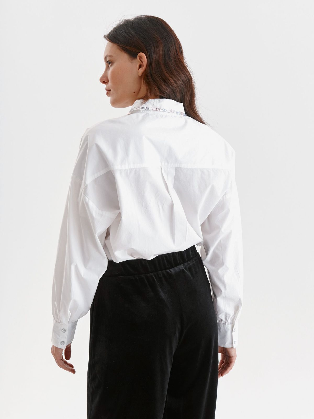 White women`s shirt poplin loose fit with crystal embellished details 3 - StarShinerS.com