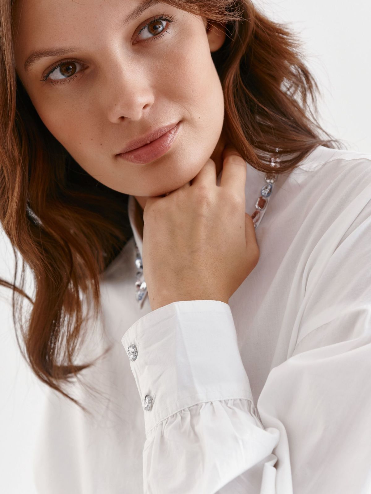 White women`s shirt poplin loose fit with crystal embellished details 4 - StarShinerS.com
