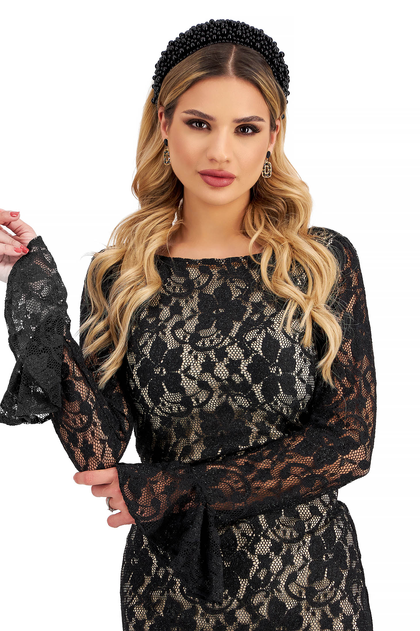 Black lace pencil dress with open back and bell sleeves - StarShinerS 6 - StarShinerS.com
