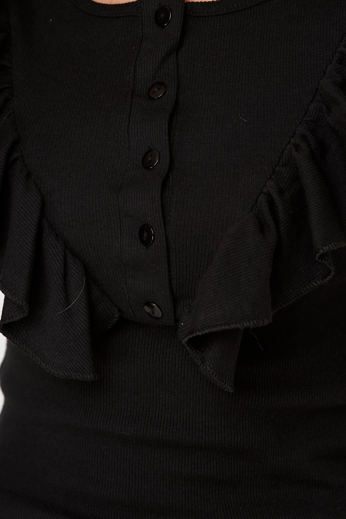 Black fitted ladies blouse made of ribbed cotton, accessorized with buttons and ruffles - SunShine 5 - StarShinerS.com
