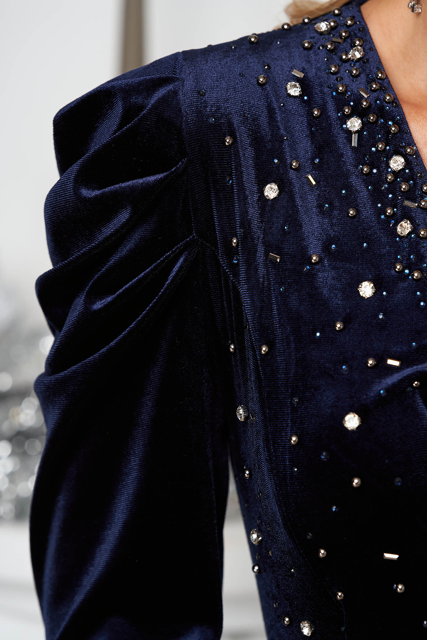 Dark blue dress velvet midi pencil wrap around with crystal embellished details 6 - StarShinerS.com
