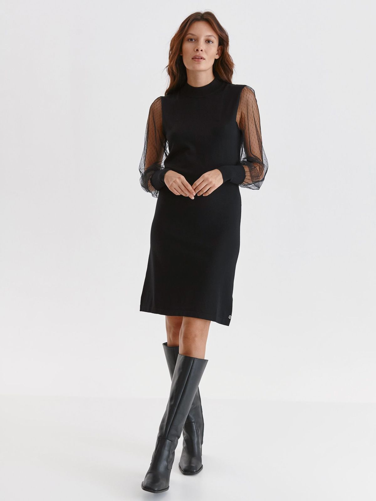 Black dress knitted short cut straight with puffed sleeves 2 - StarShinerS.com