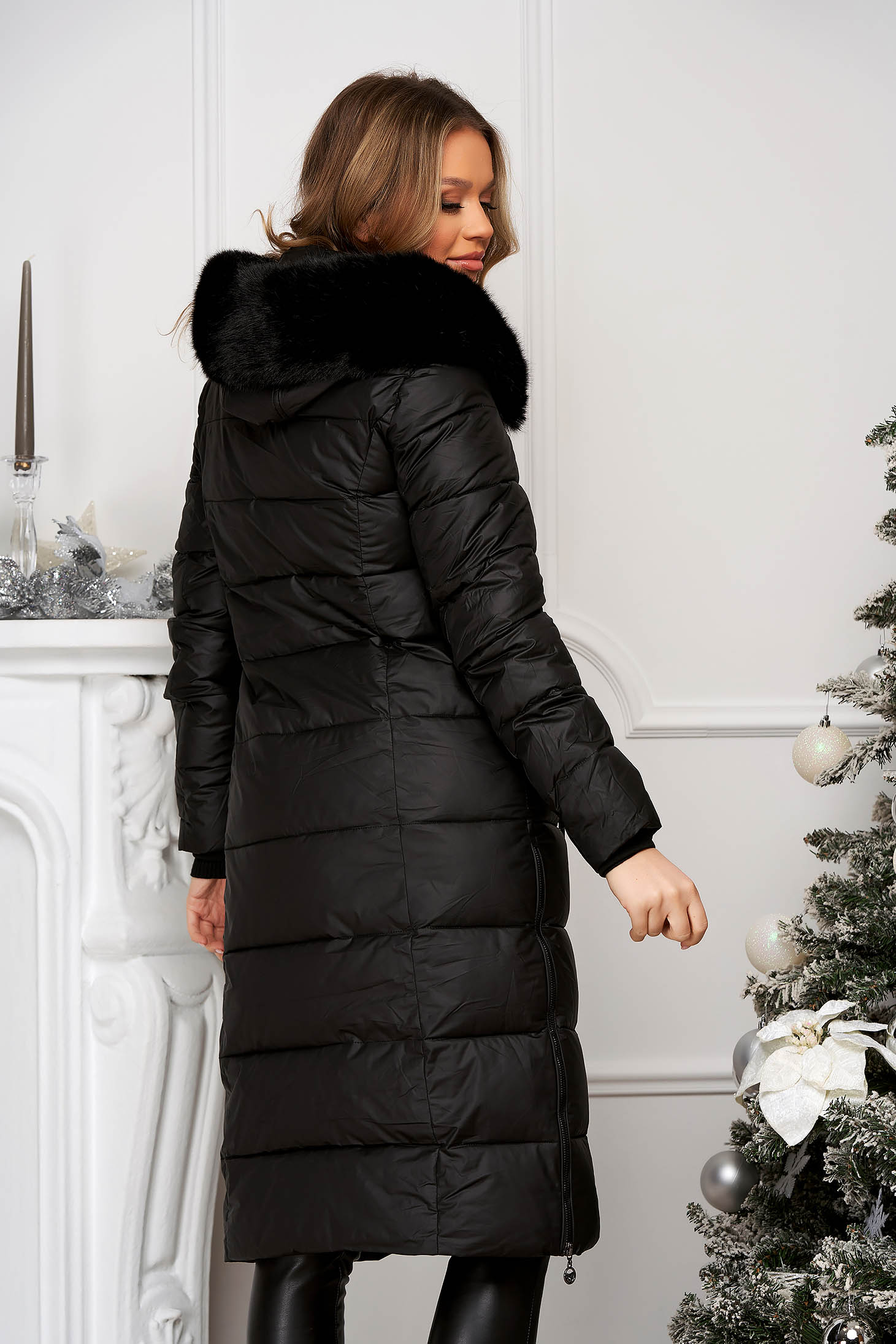 Black jacket from slicker midi straight with faux fur accessory detachable hood 3 - StarShinerS.com