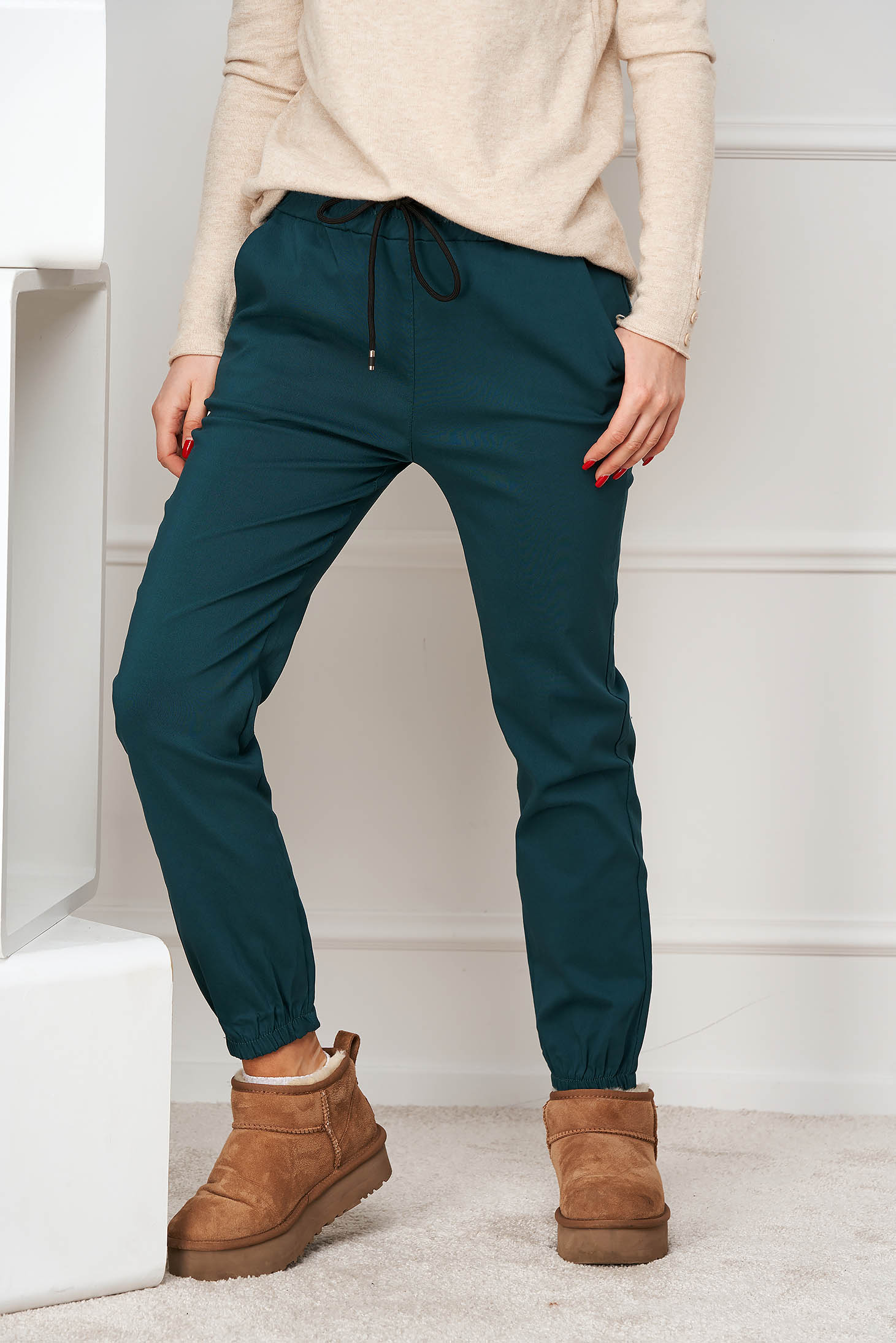 Pantaloni din strech verde petrol lungi cu elastic in talie si snur - SunShine 2 - StarShinerS.ro